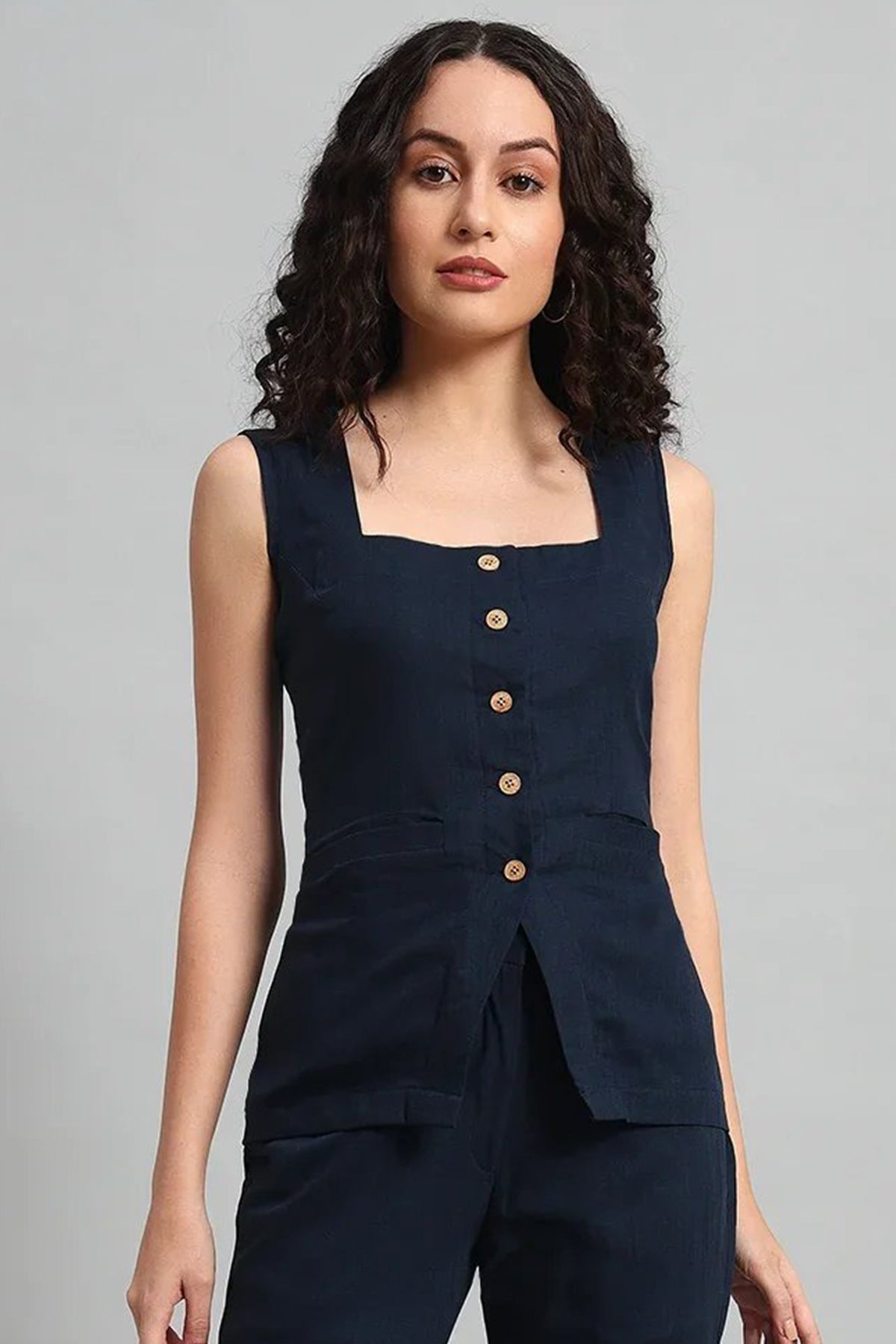 Square Neck Linen Vest, Navy Blue