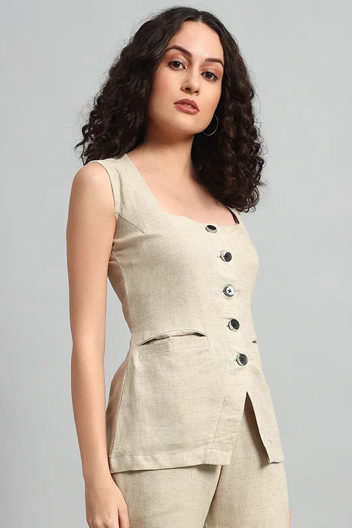 Square Neck Linen Vest, Beige