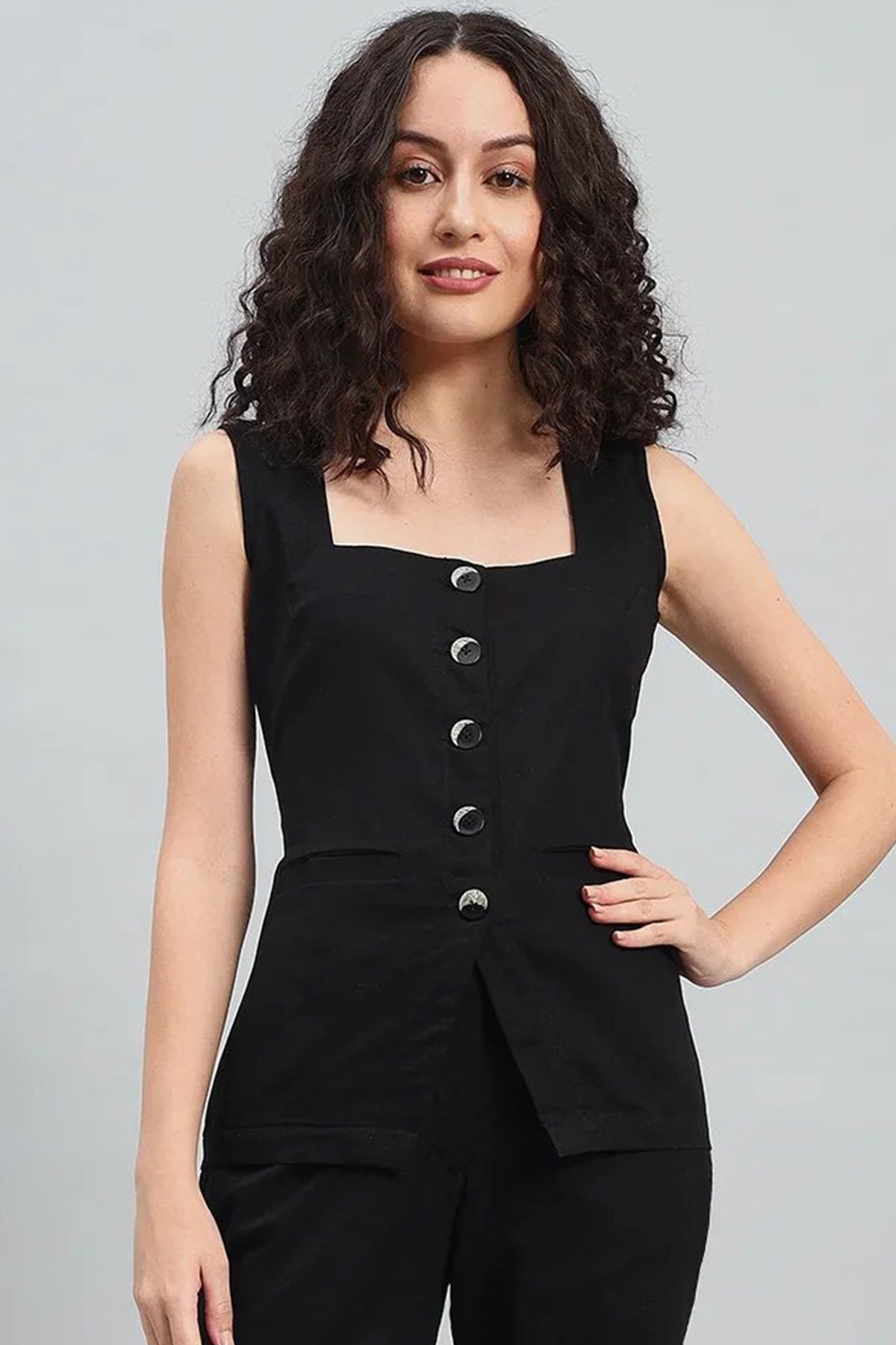 Square Neck Linen Vest, Black