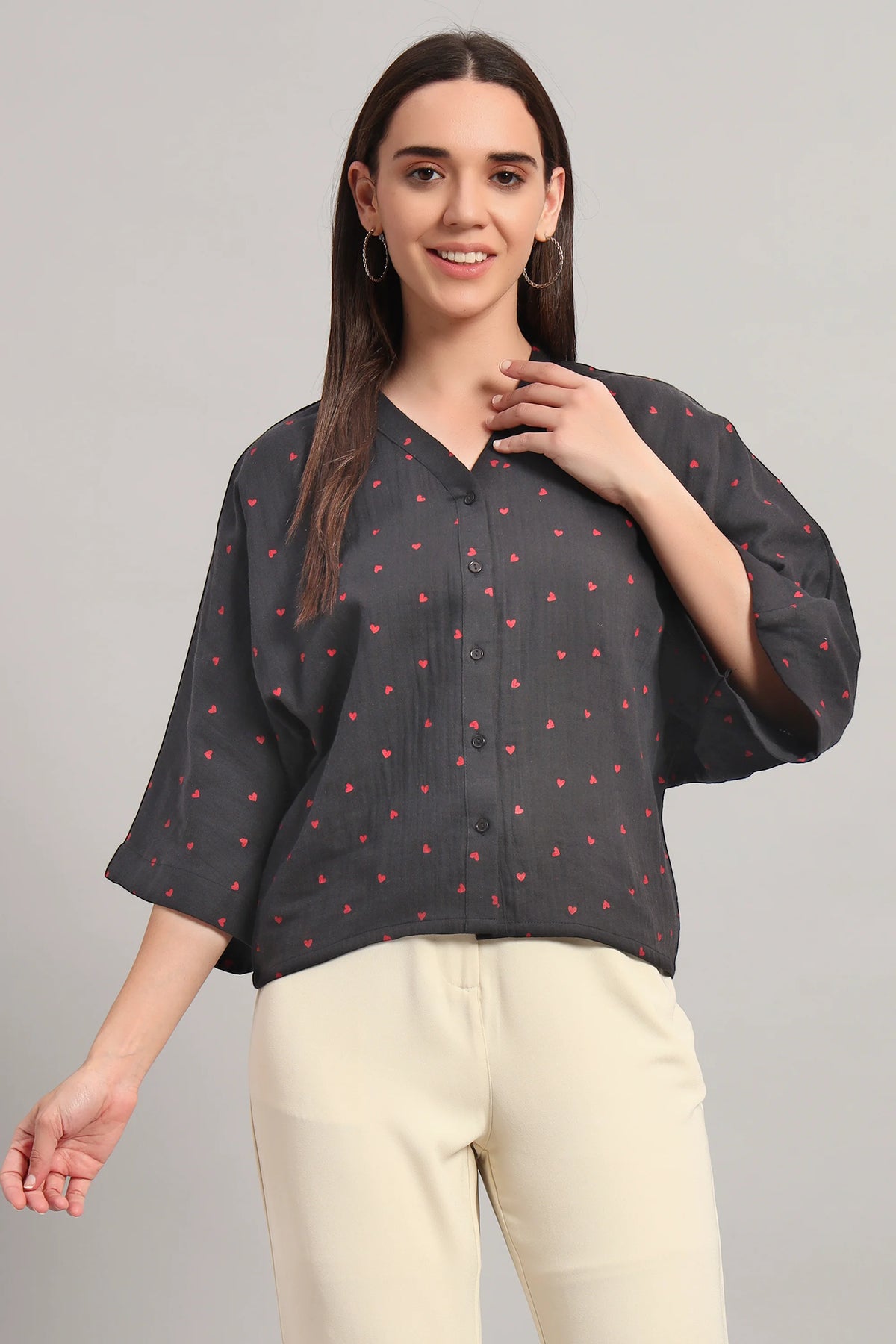 Flare Affair, Dark Grey V-Neck Shirt Style Top
