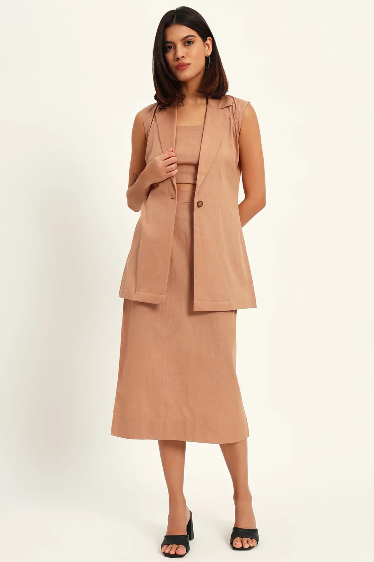 Luxe Linen Trio Jacket with Skirt Co-ord Set, Camel