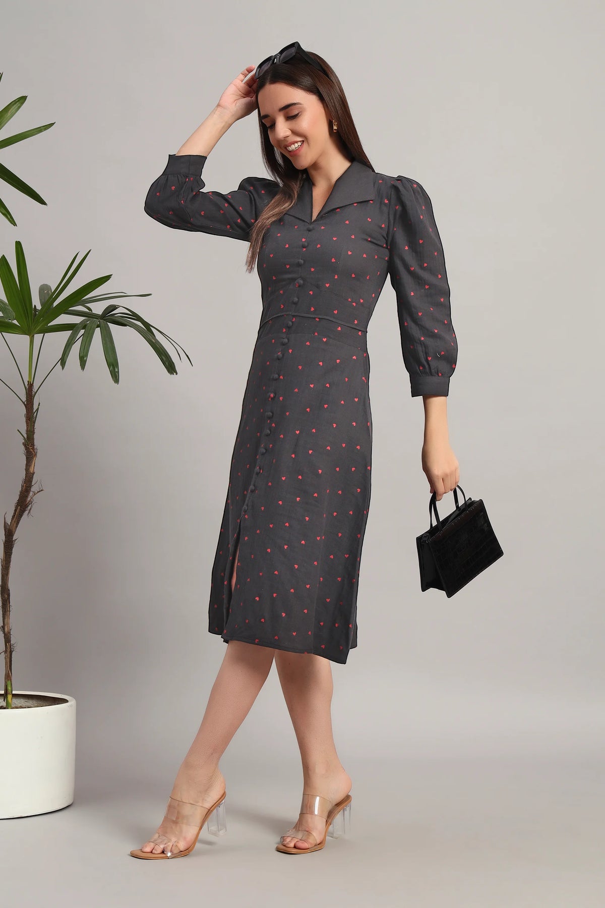 Heartbeat, Dark Grey, Full Sleeves Midi Dress