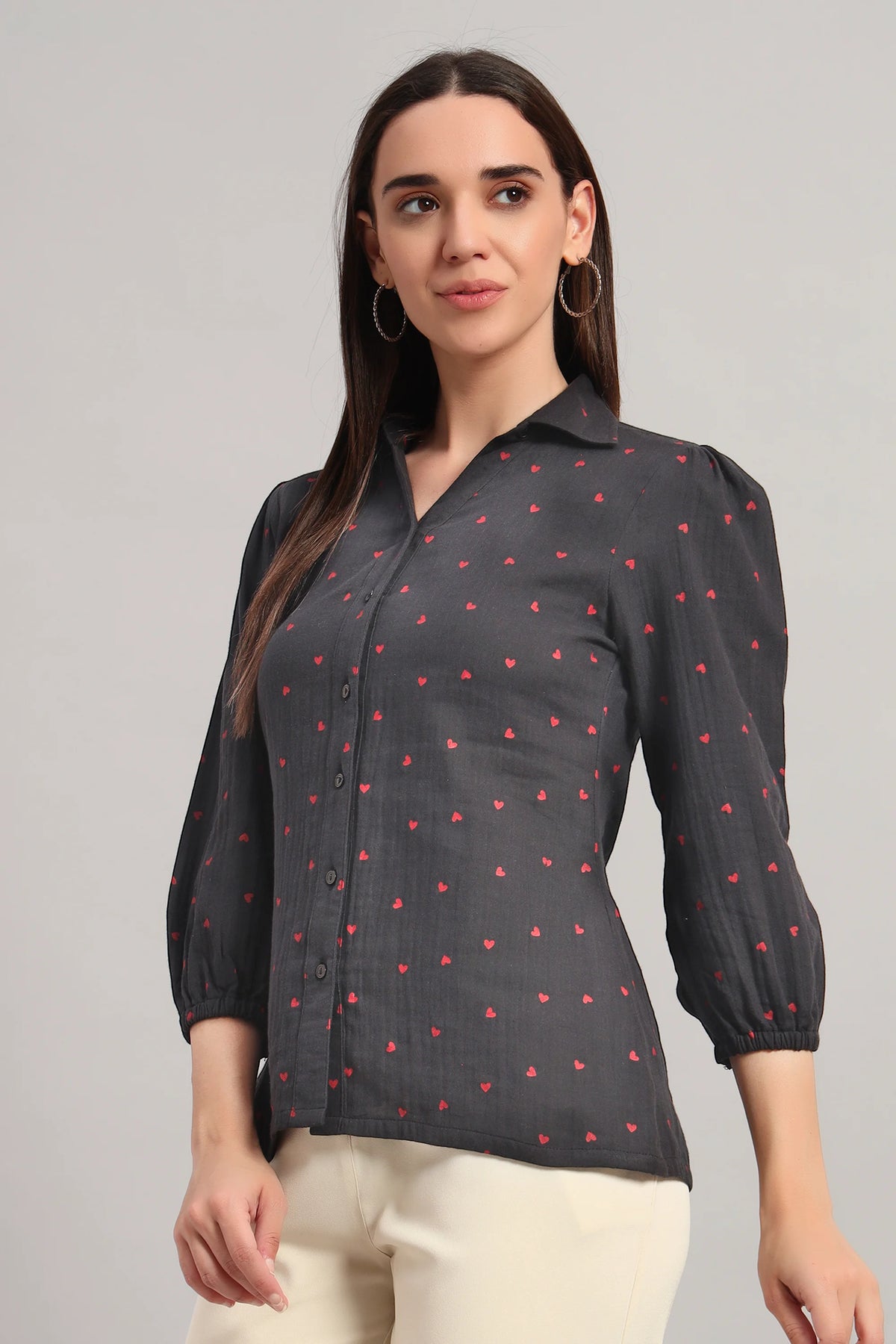 The All-Day Shirt Collar Top, Dark Grey Print