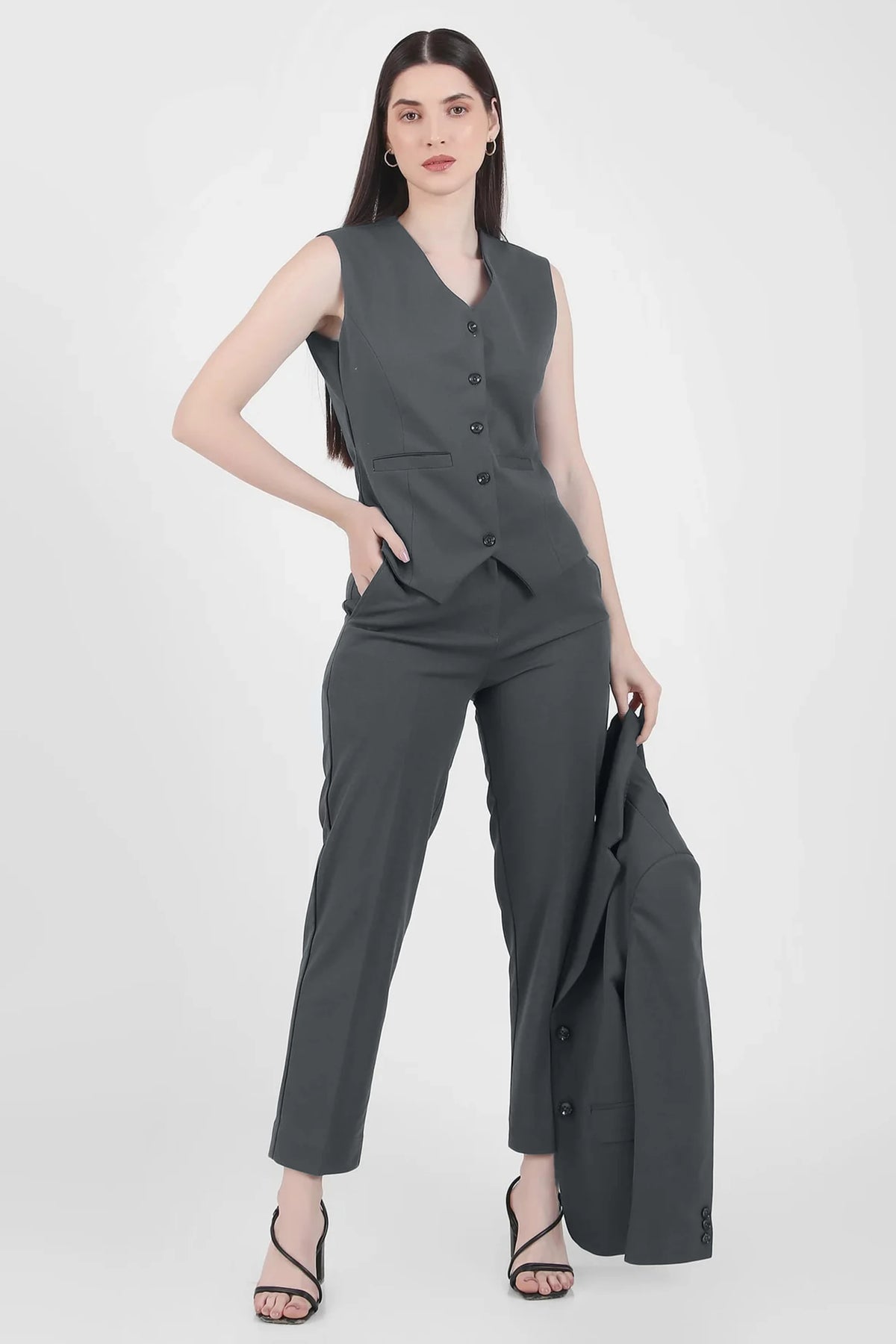 Power  3 Piece Suit Set  Waistcoat Blazer Pant in Bluish Gray