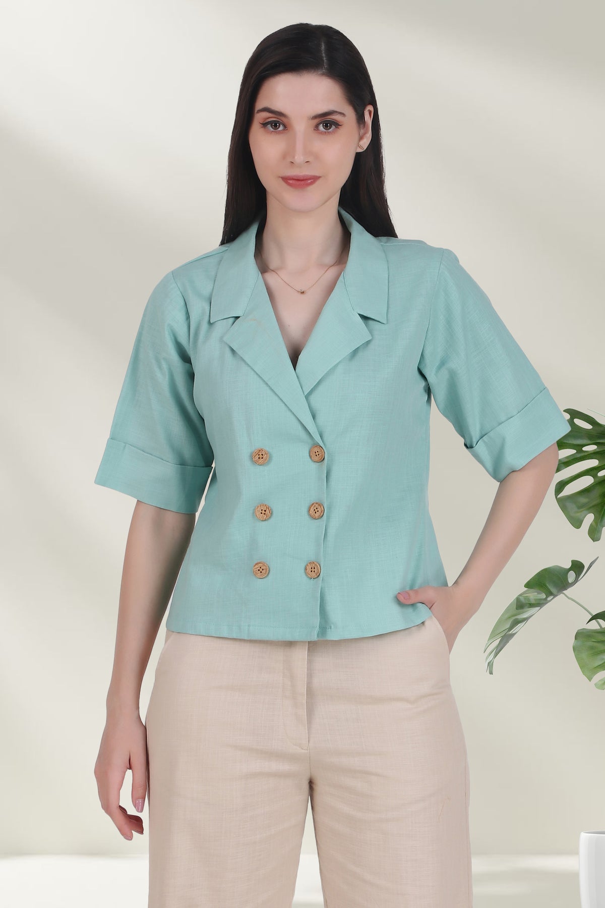Linen Open Collar Double Breasted Shirt, Pastel Green
