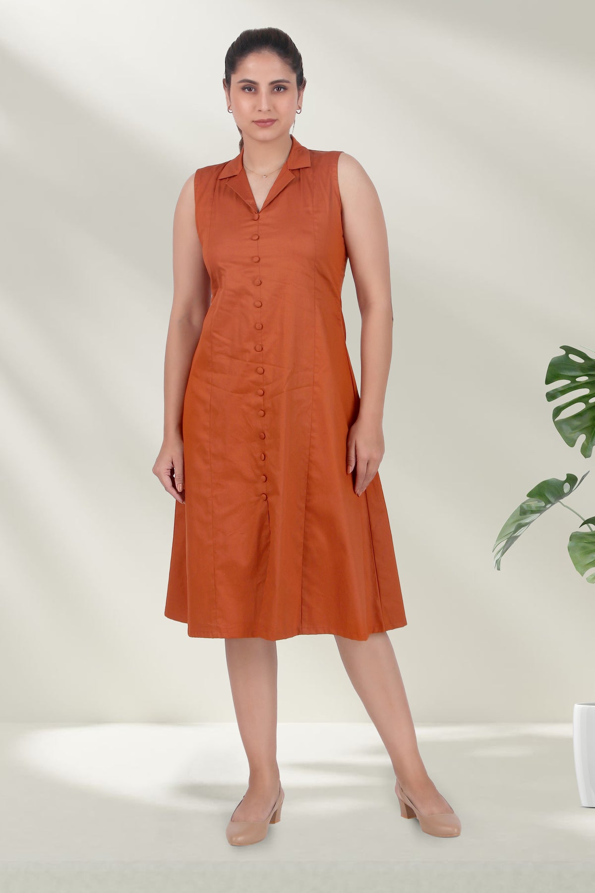 Lapel Grace Calf-Length Dress, Rust