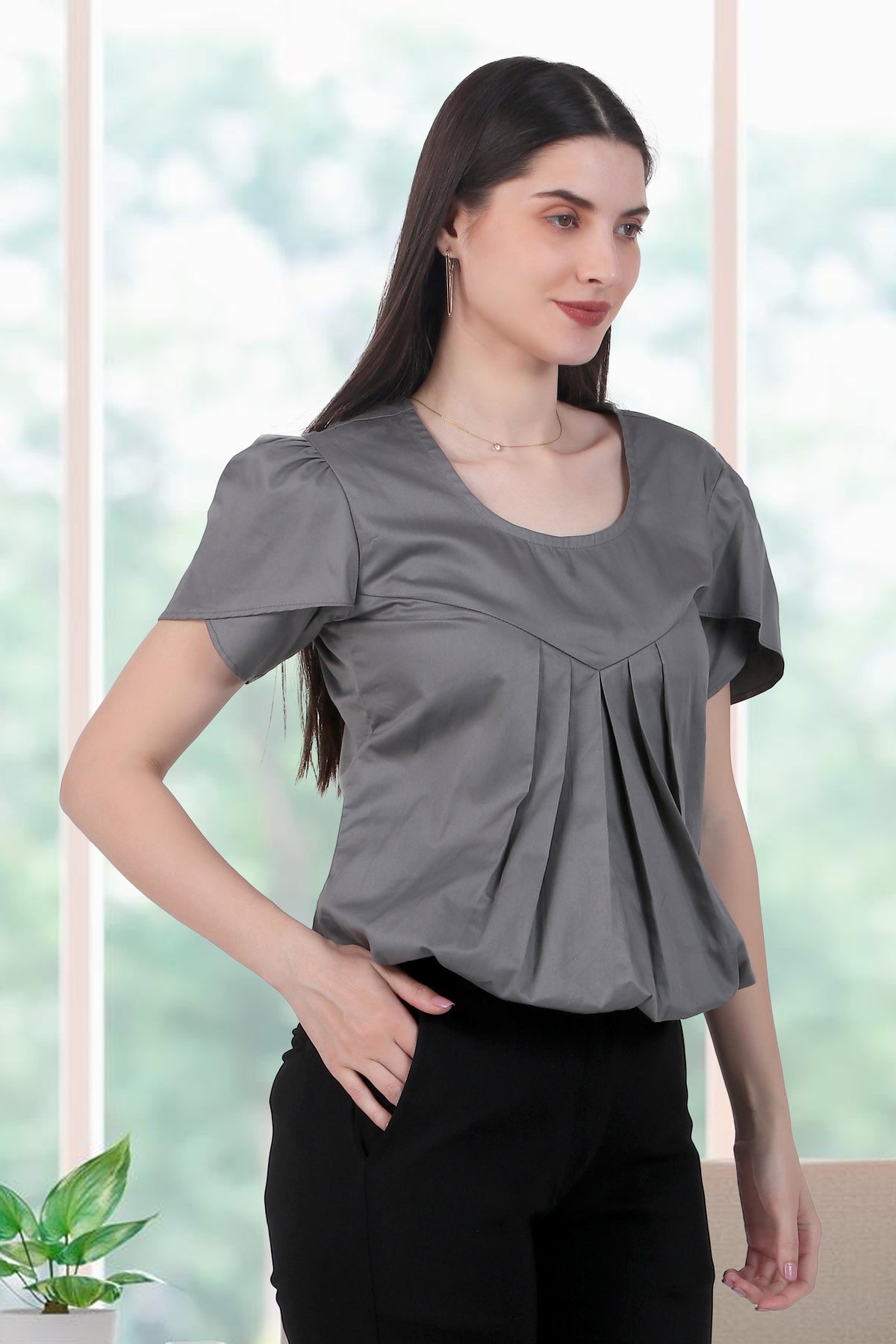 Classic Tulip Sleeves Cotton Top, Dark Gray