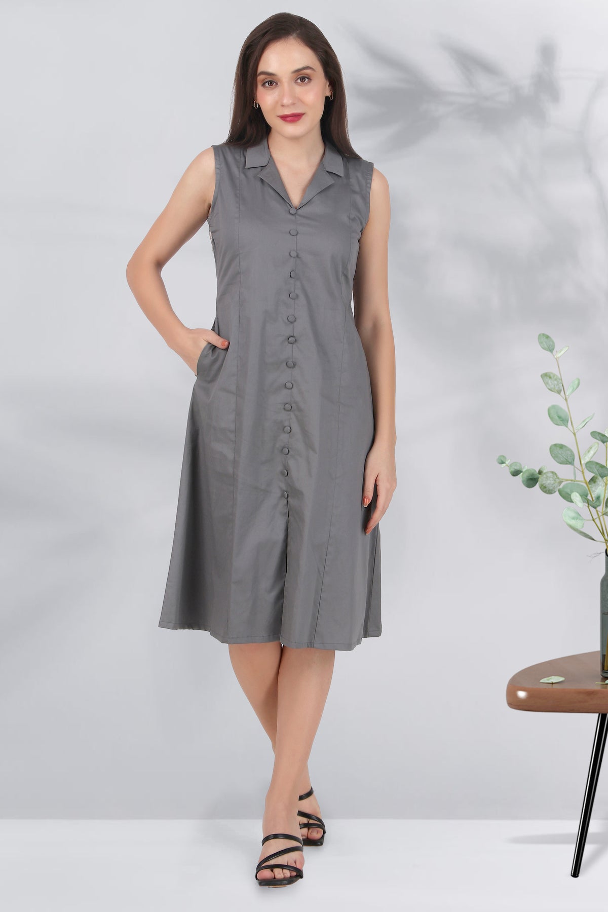 Lapel Grace Calf-Length Dress, Dark Gray