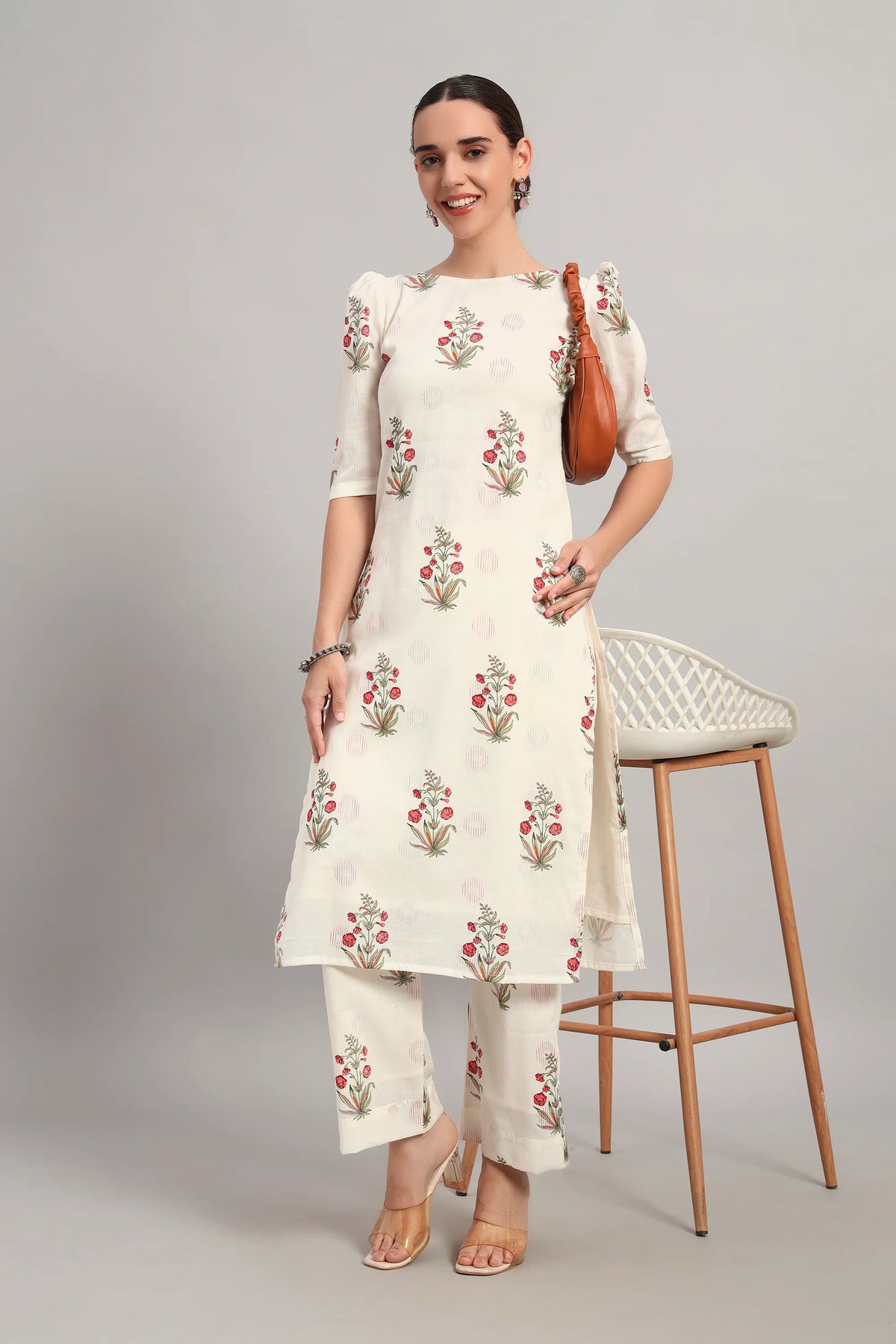 Dufftar Diaries Kurta Set, Floral Beige