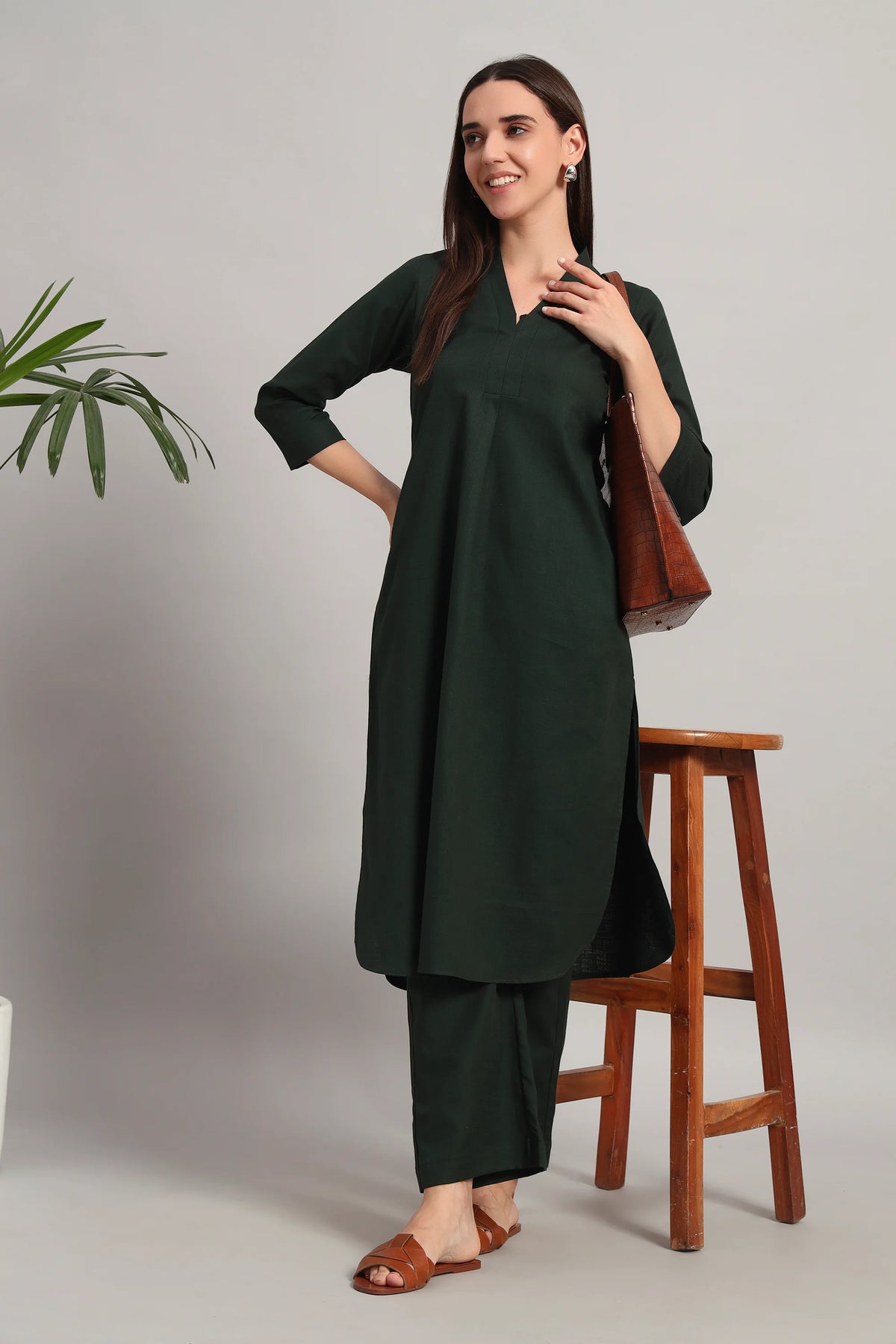 V-Neck, Kurta Set, Bottle Green