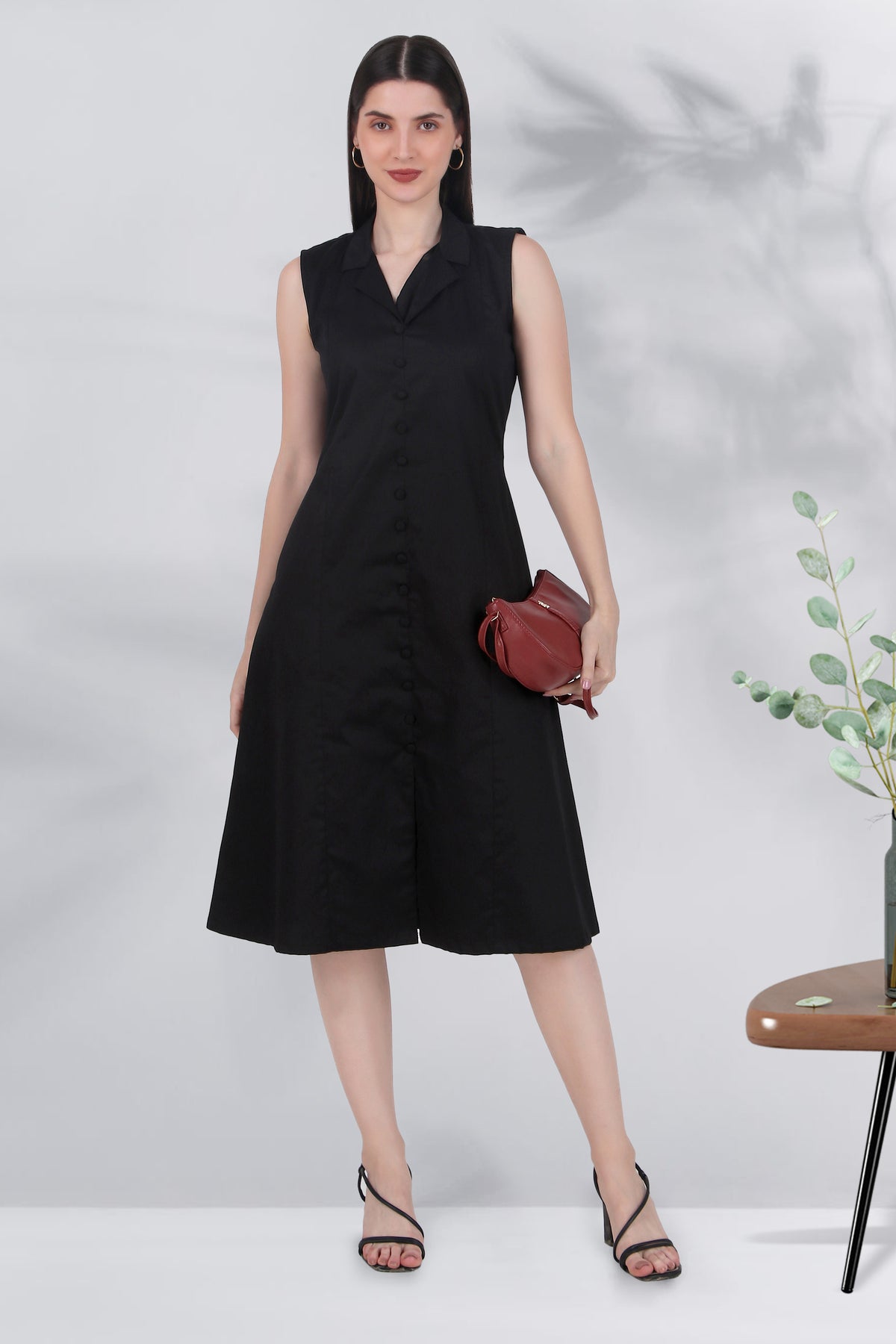 Lapel Grace Calf-Length Dress, Black