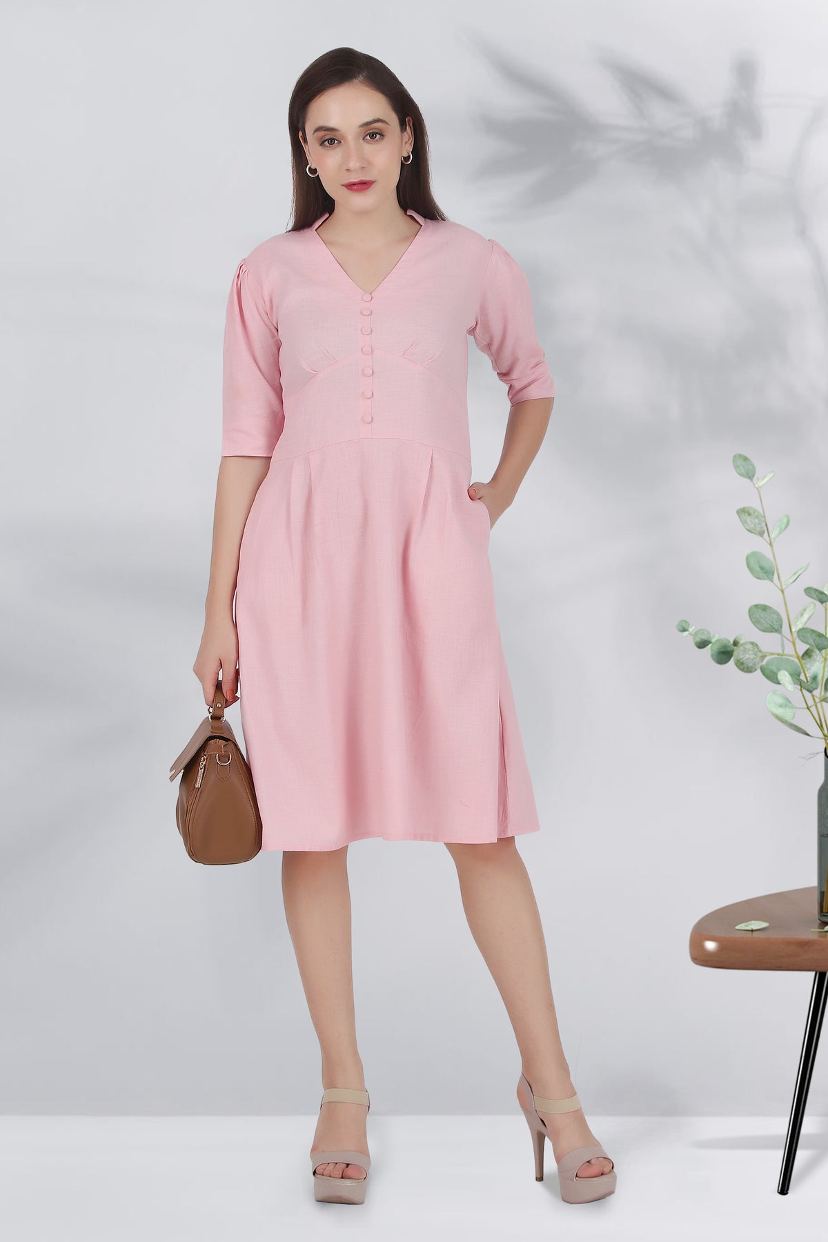 Timeless Charm Panelled Linen Dress, Pastel Pink