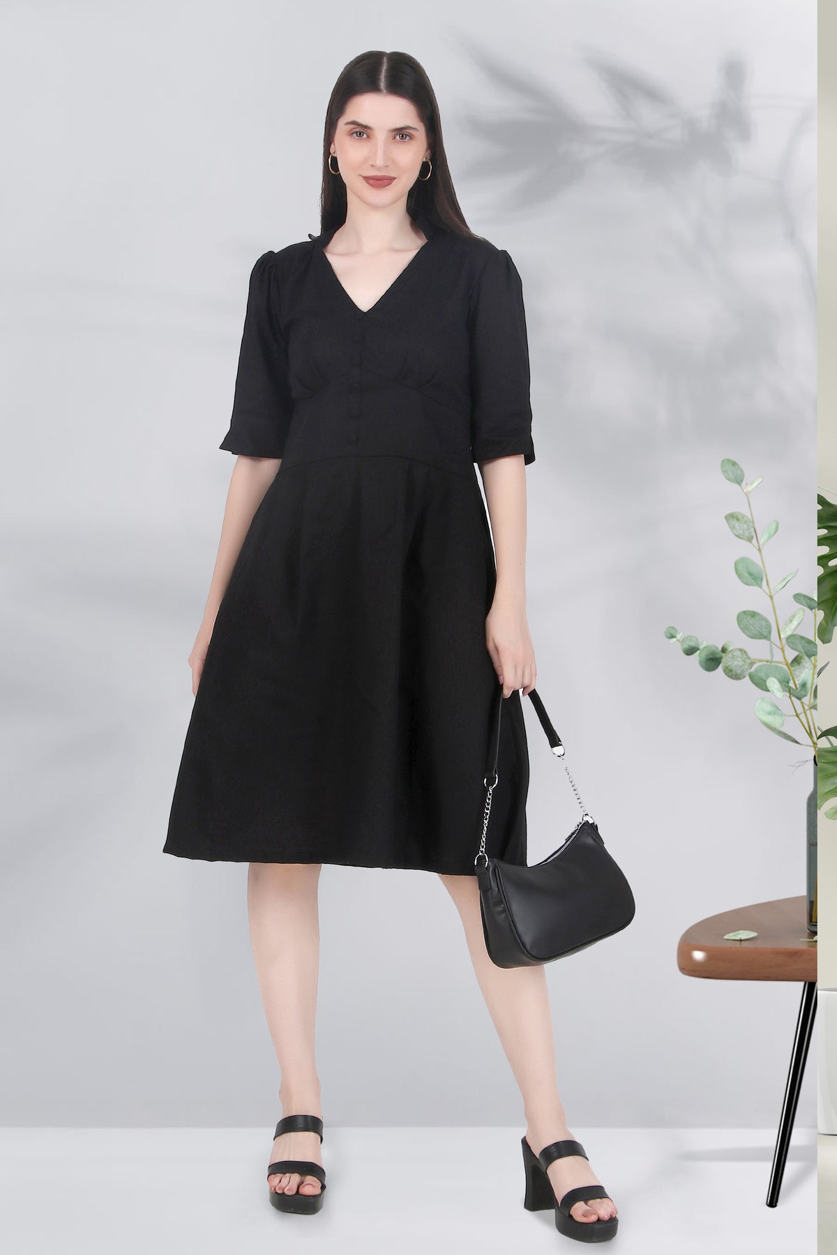 Timeless Charm Panelled Linen Dress, Black