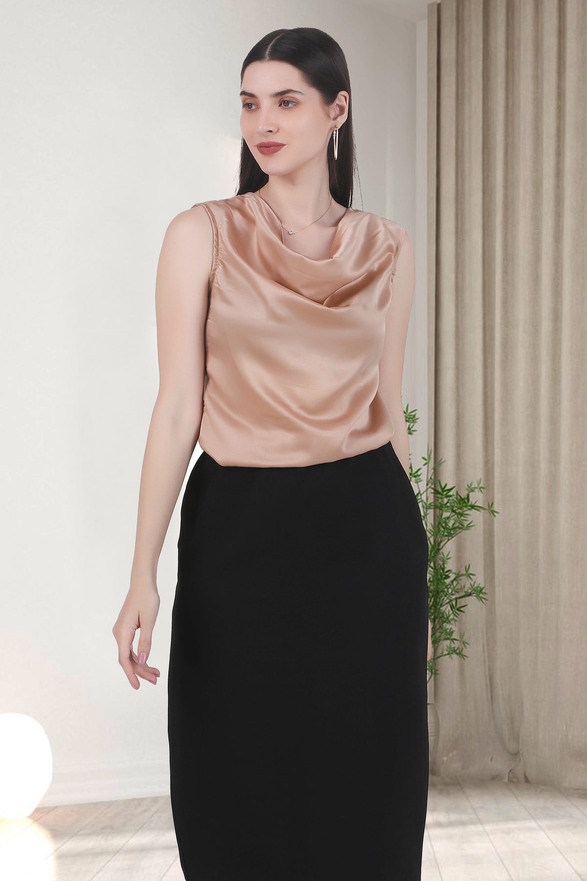 Drapey Cowl Neck Sleevless Top, Hazelnut