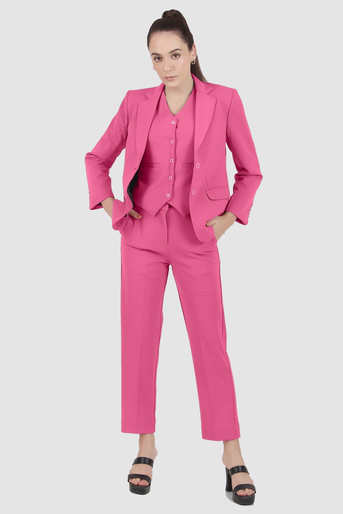 Power : 3 Piece Suit Set : Waistcoat Blazer Pant in Fuchsia