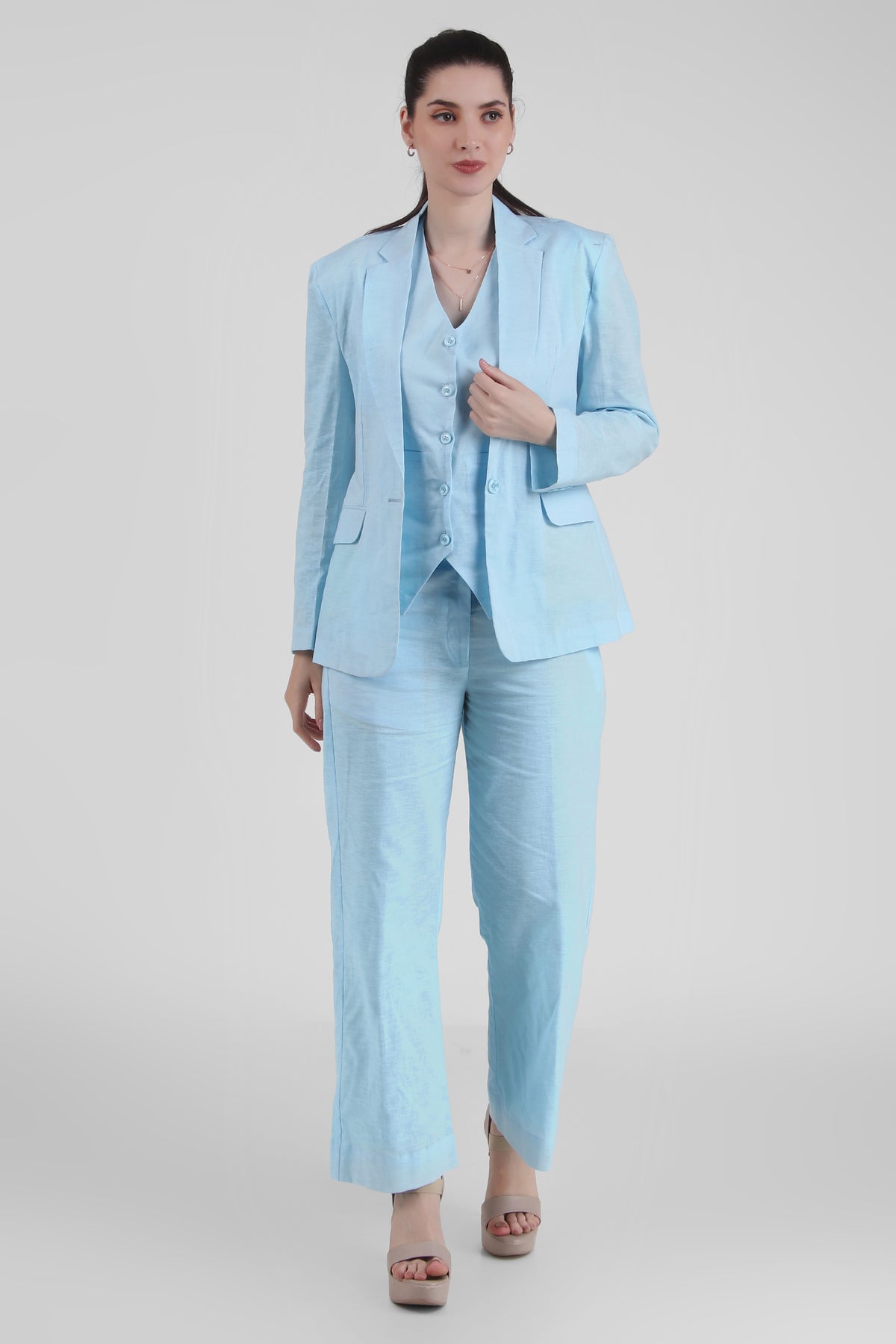 Linen Trio : 3 Piece Suit Set Waistcoat, Blazer, Pant in Sky Blue