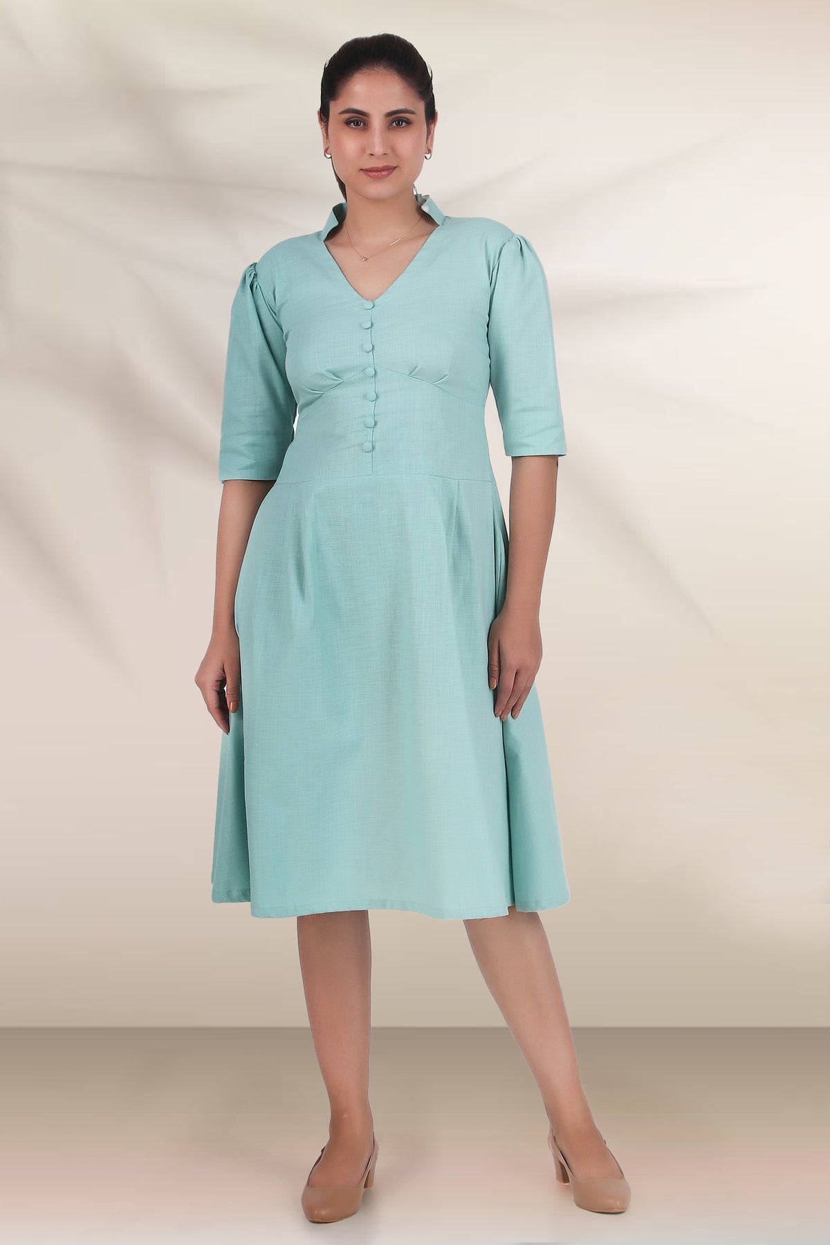 Timeless Charm Panelled Linen Dress, Pastel Green