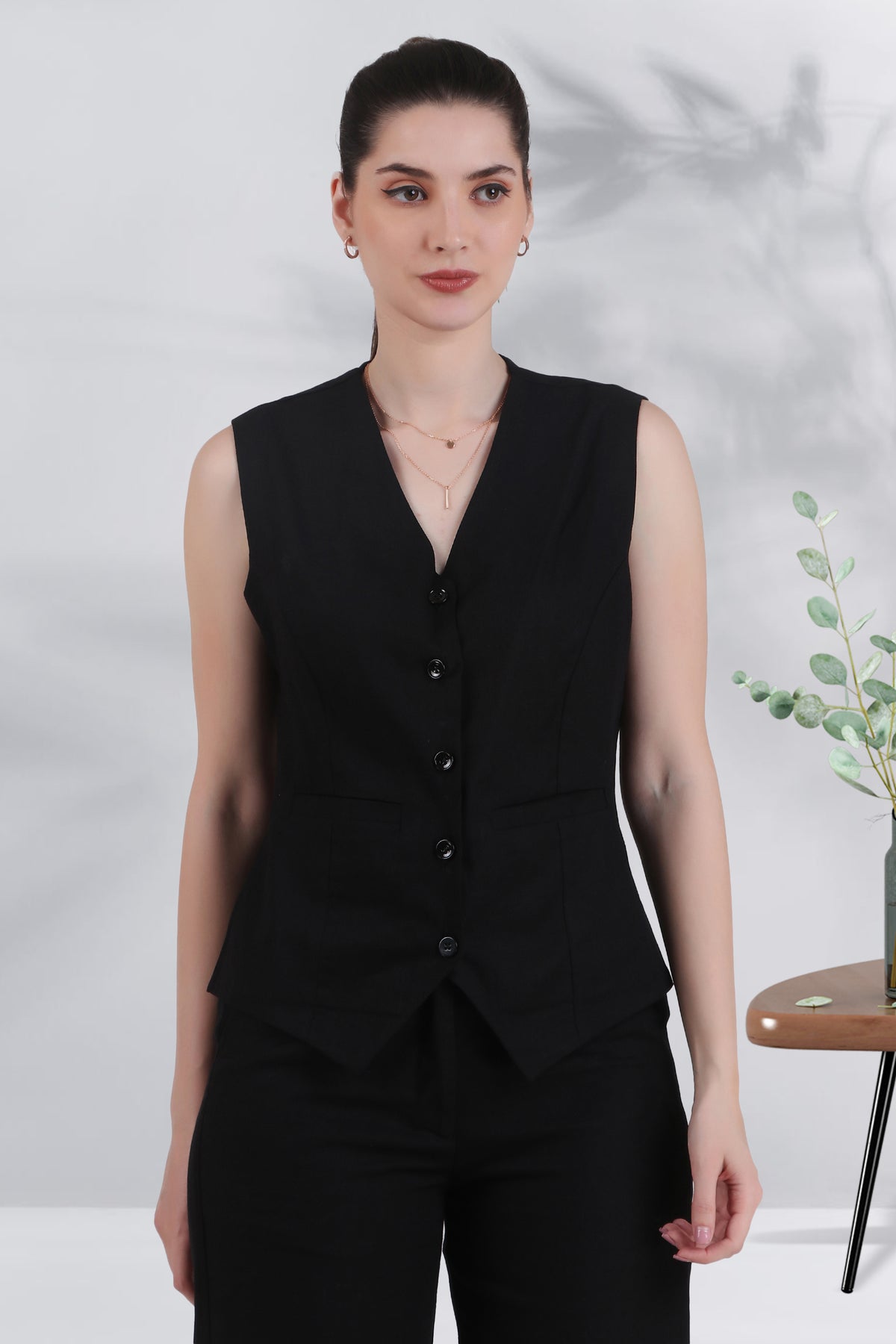 Linen Blend, V Neck Tailored Waistcoat, Black