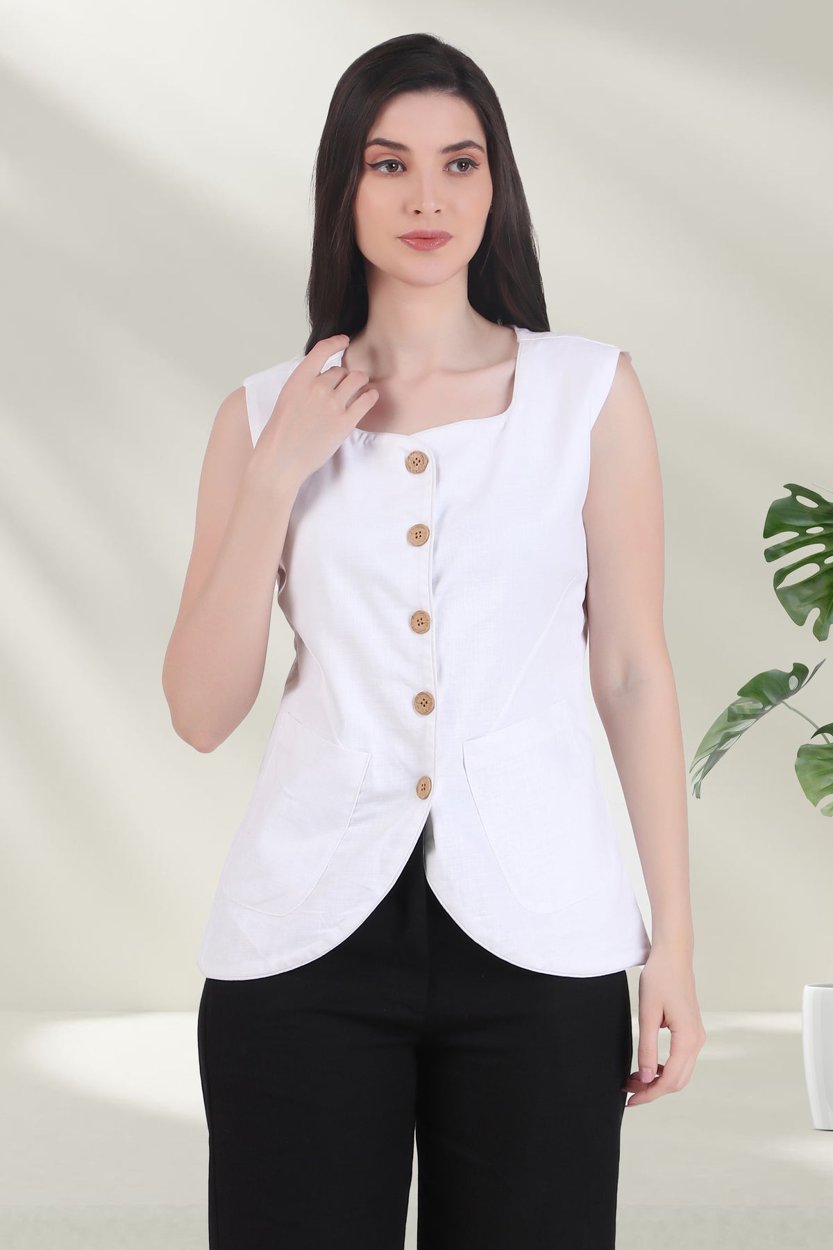 Breathable Linen Blend Vest Button-Up Top, White