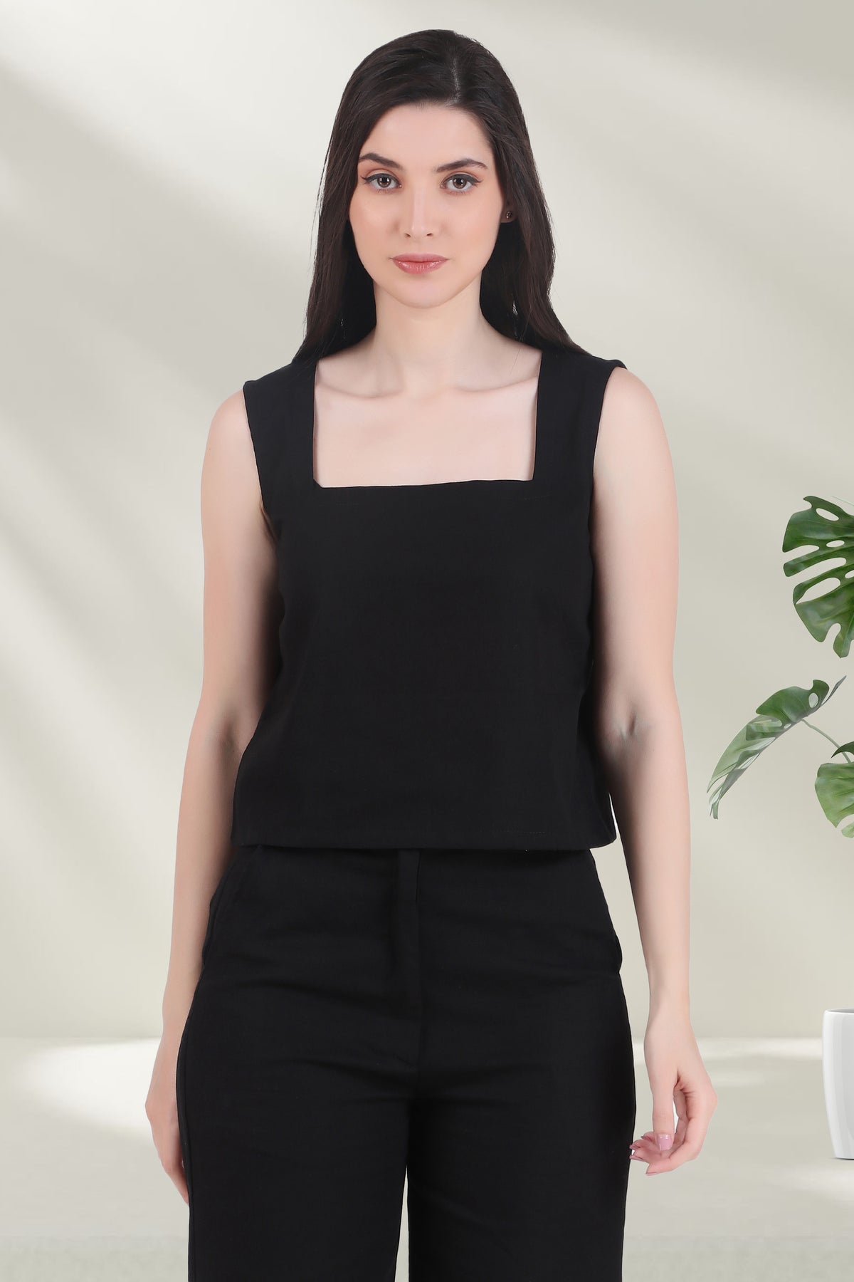 Linen Square Neck Tank, Black