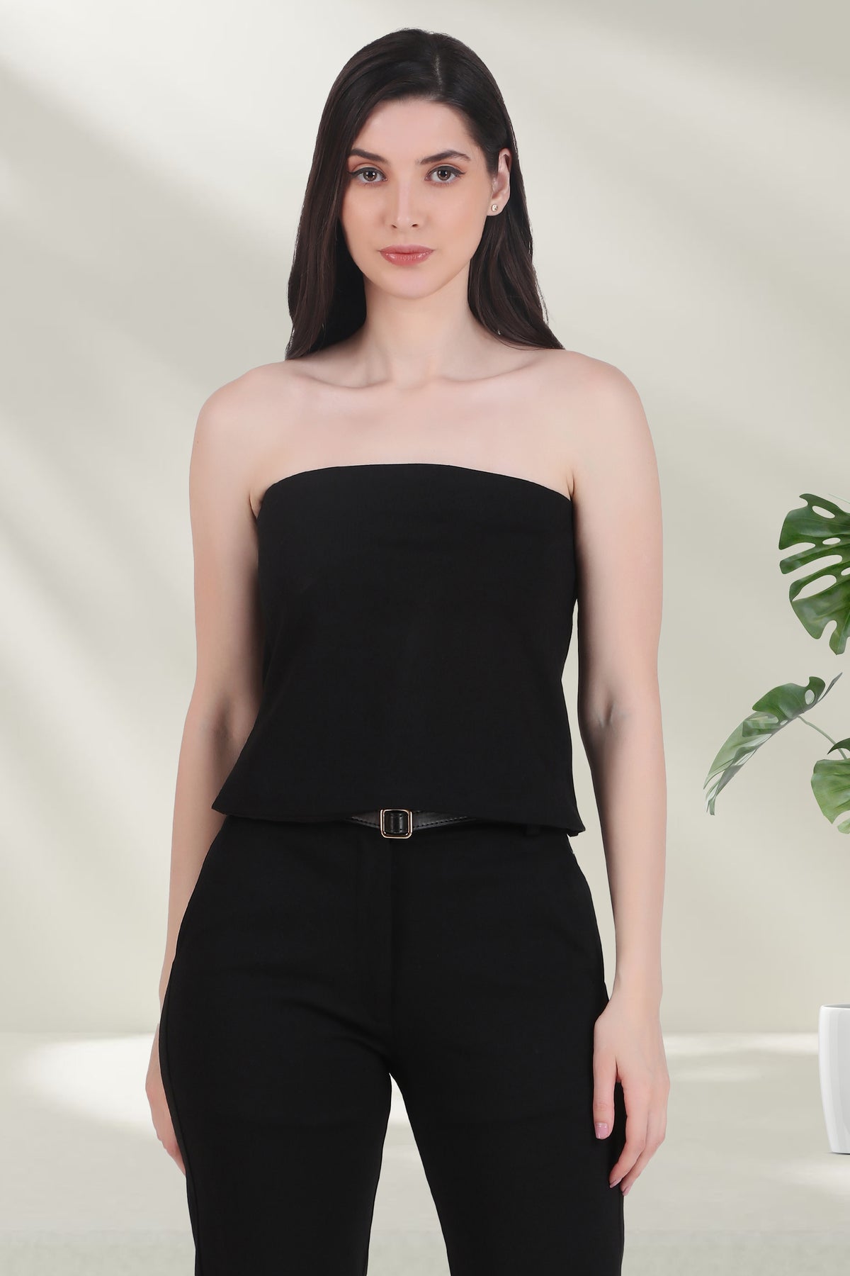 Strapless Cropped Stretch Top, Black