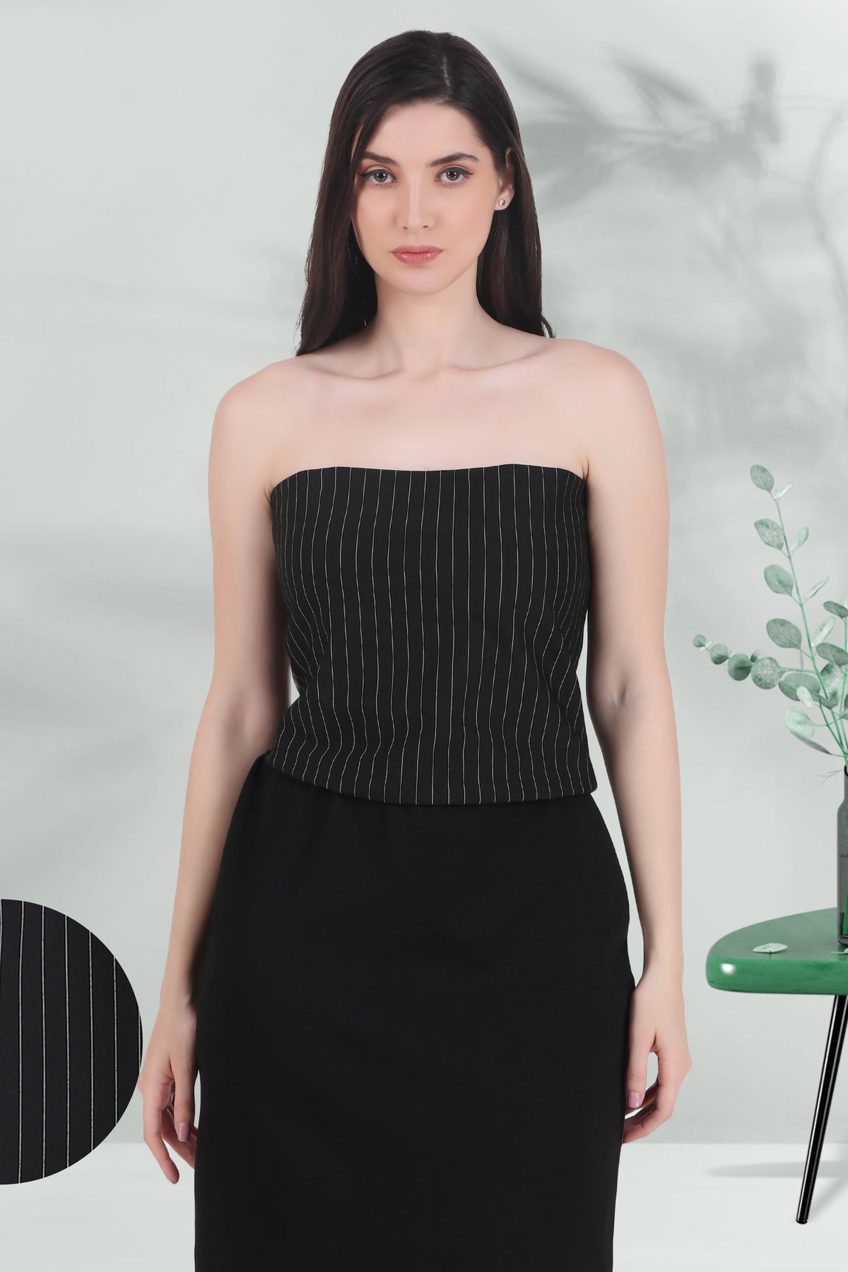 Strapless Cropped Stretch Top, Pinstripe Black