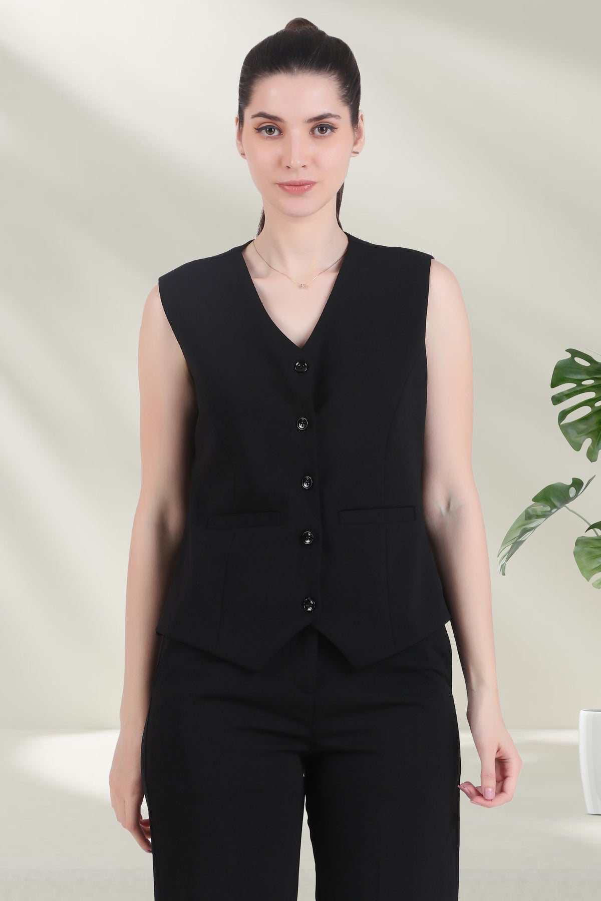 V Neck Tailored Waistcoat, Black