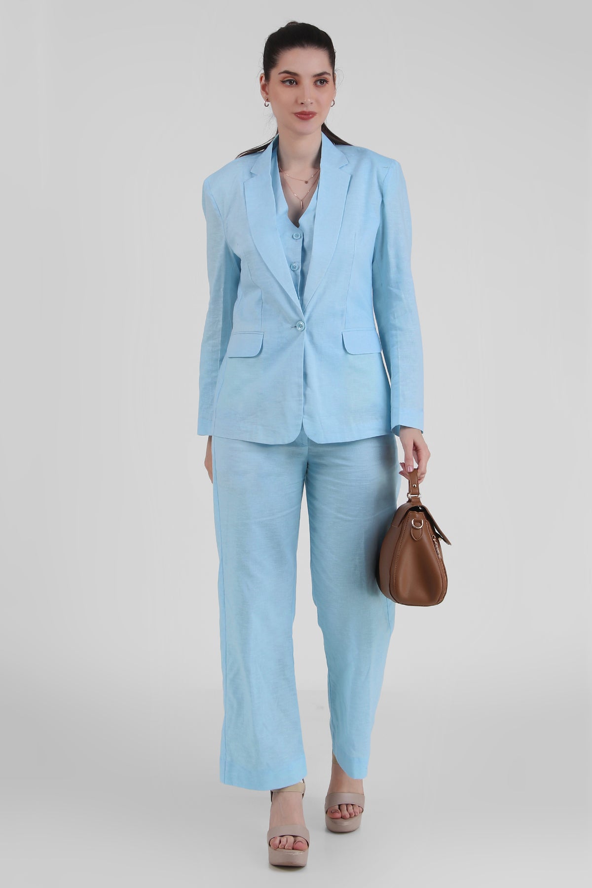 Linen Trio : 3 Piece Suit Set Waistcoat, Blazer, Pant in Sky Blue