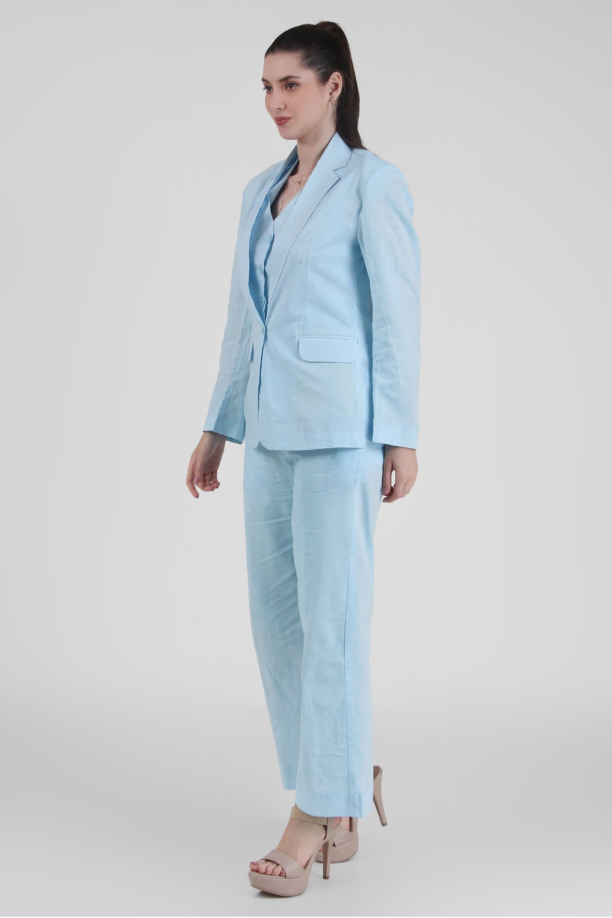 Linen Trio : 3 Piece Suit Set Waistcoat, Blazer, Pant in Sky Blue