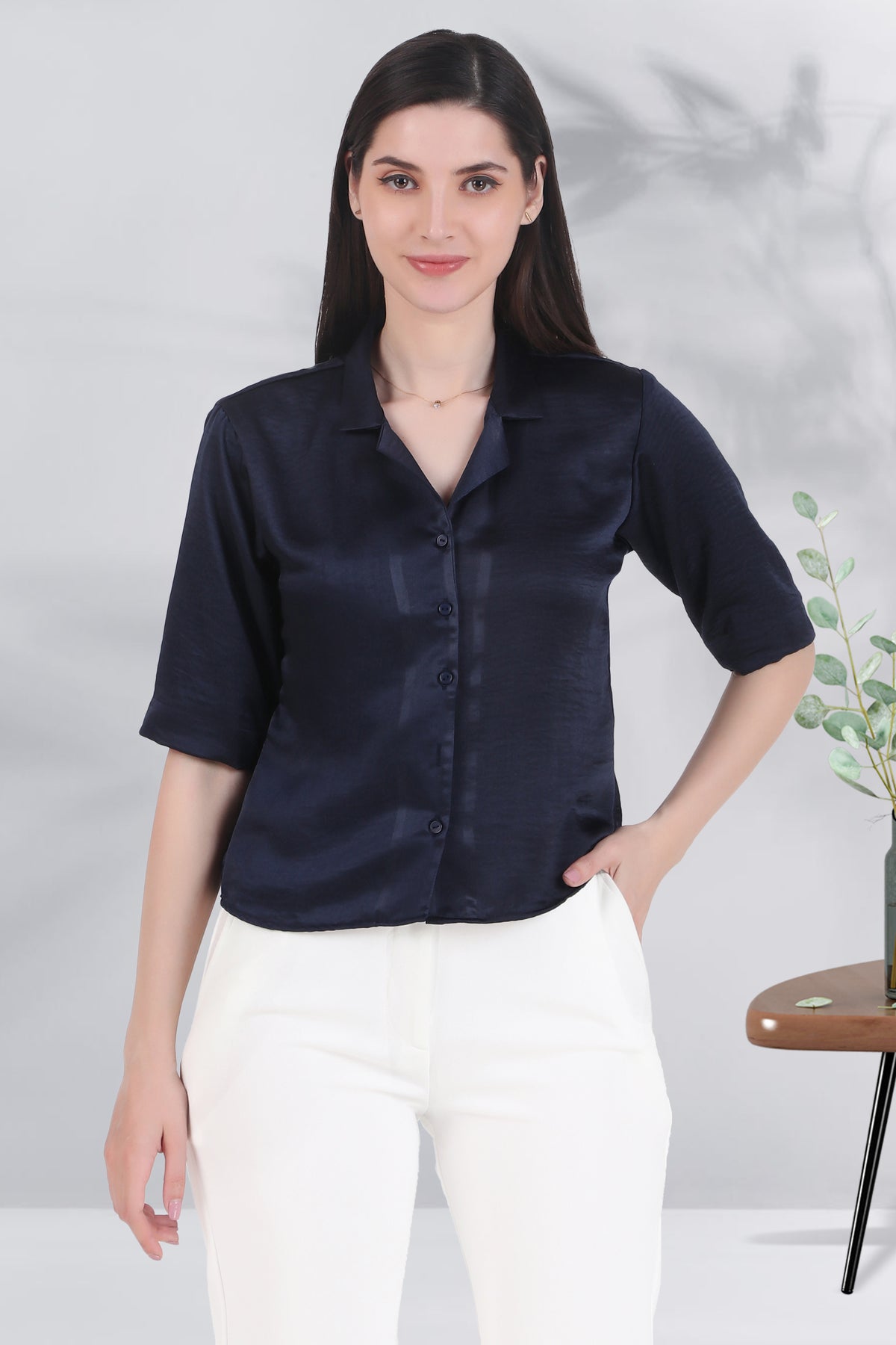Short Sleeve Satin Shirt, Deep Sea Blue