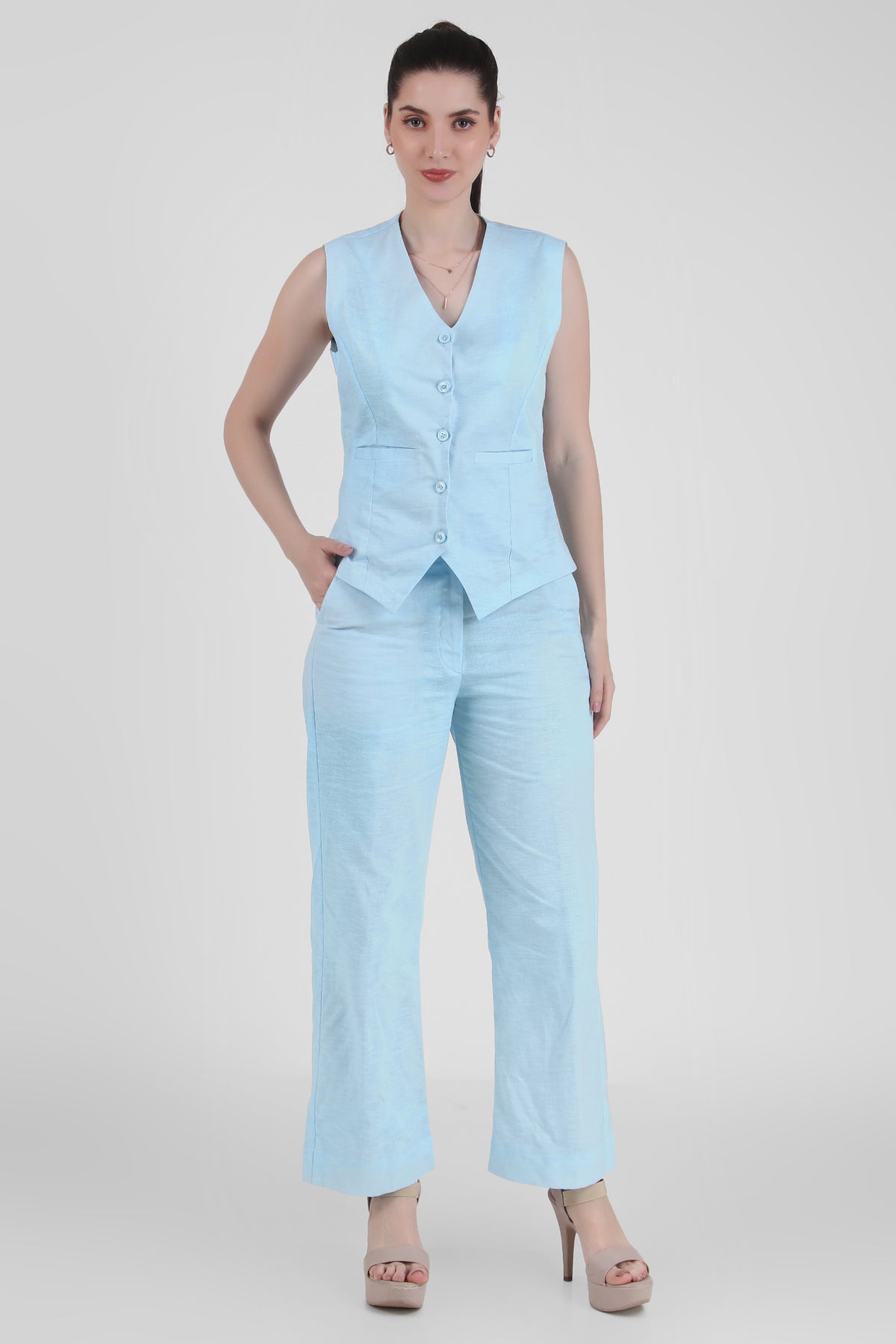 Linen Trio : 3 Piece Suit Set Waistcoat, Blazer, Pant in Sky Blue