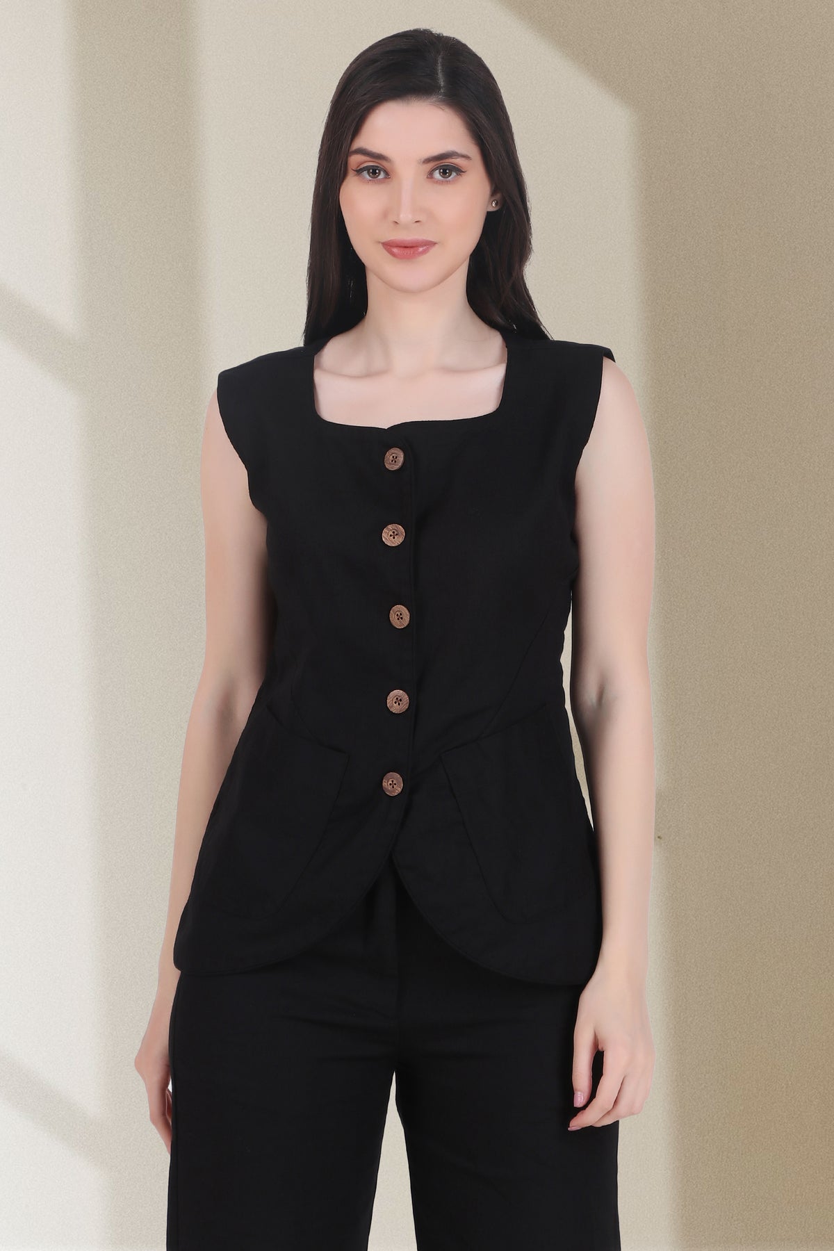 Breathable Linen Blend Vest Button-Up Top, Black