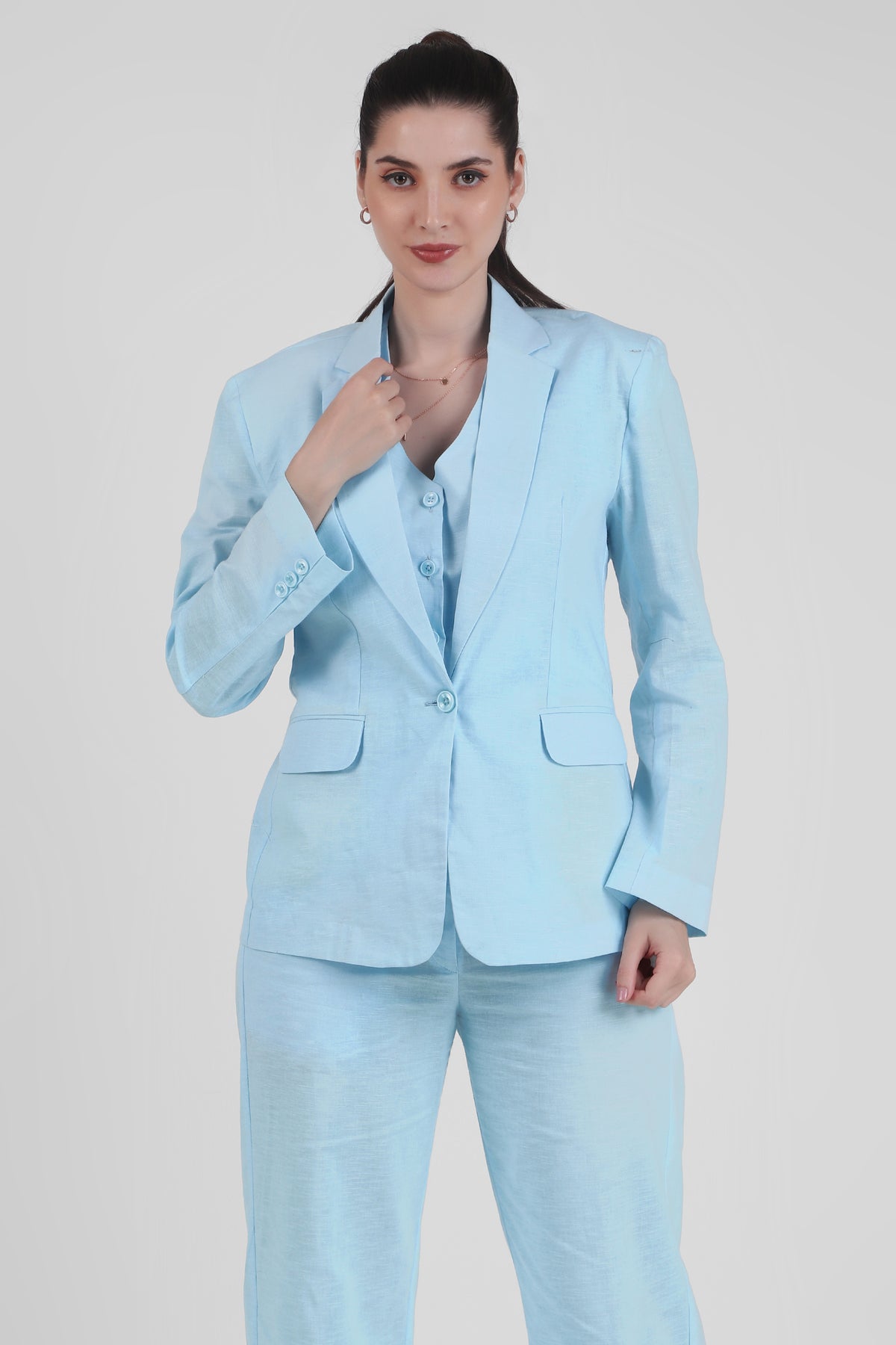 Linen Trio : 3 Piece Suit Set Waistcoat, Blazer, Pant in Sky Blue