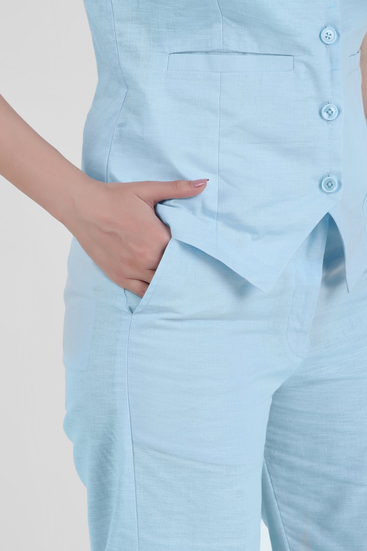 Linen Trio : 3 Piece Suit Set Waistcoat, Blazer, Pant in Sky Blue