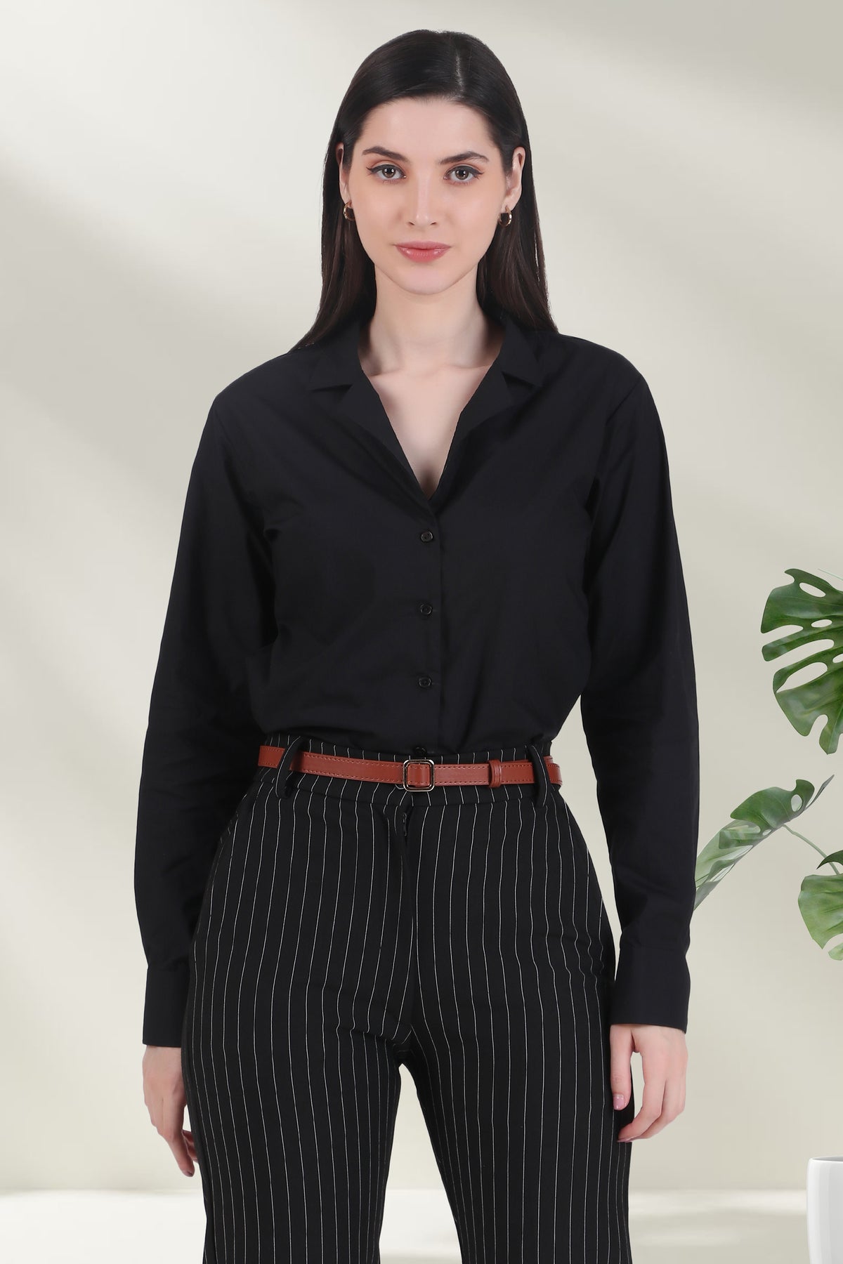 Open Collar Poplin Shirt, Black