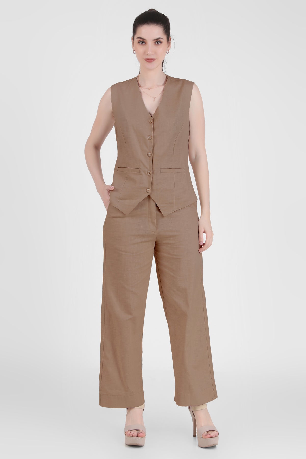 Linen Blend, Waistcoat And Trousers Co-ord Set - Camel