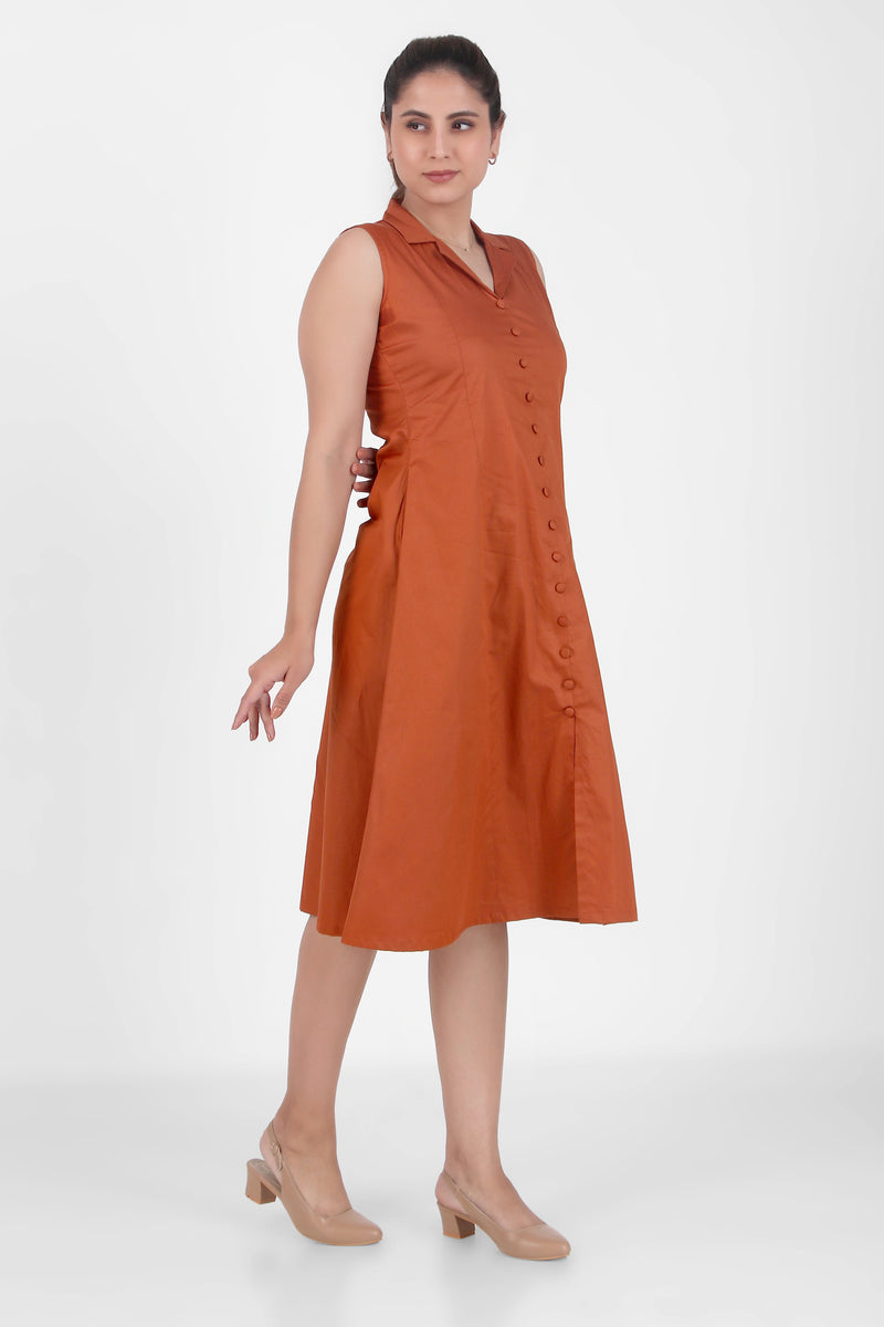 Lapel Grace Calf-Length Dress, Rust