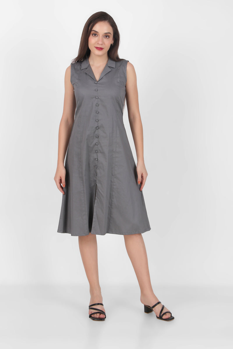 Lapel Grace Calf-Length Dress, Dark Gray
