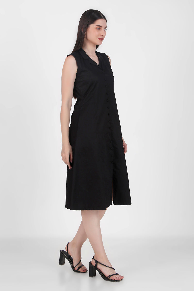 Lapel Grace Calf-Length Dress, Black