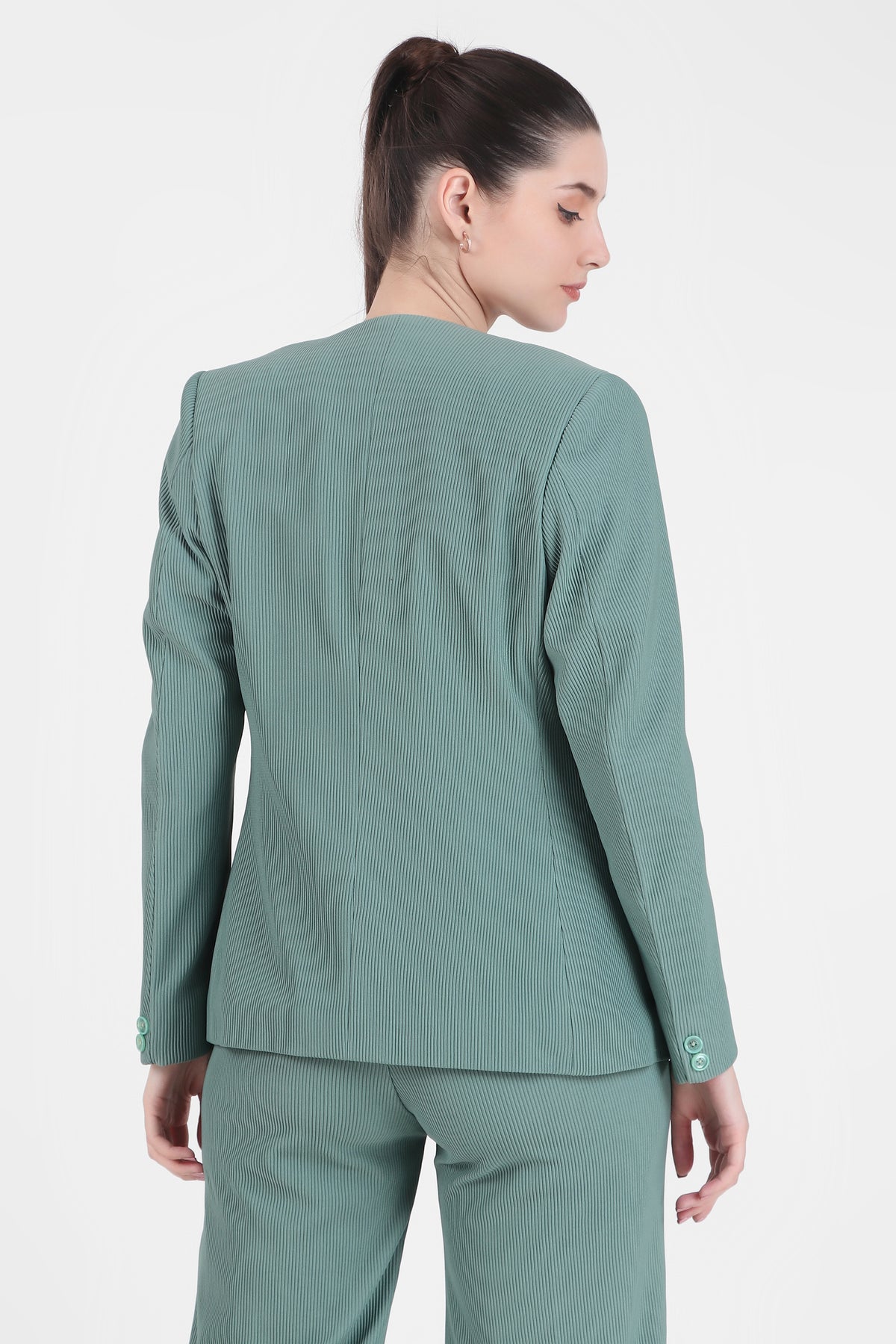 Front Open Style Blazer with Flowing Trousers, Sea Green