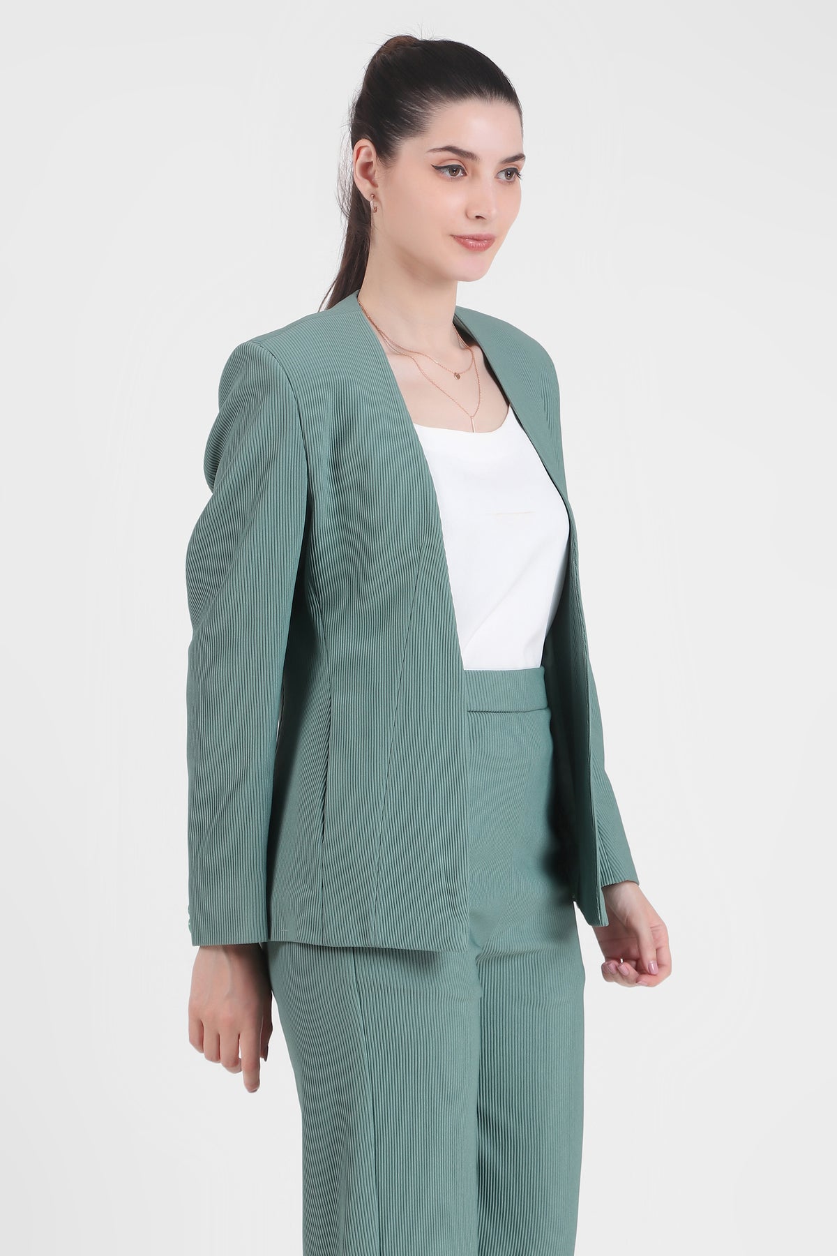 Front Open Style Blazer with Flowing Trousers, Sea Green