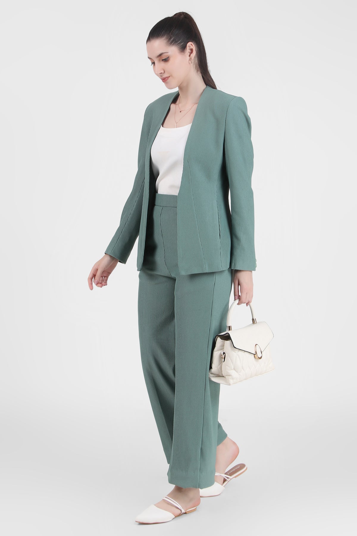 Front Open Style Blazer with Flowing Trousers, Sea Green