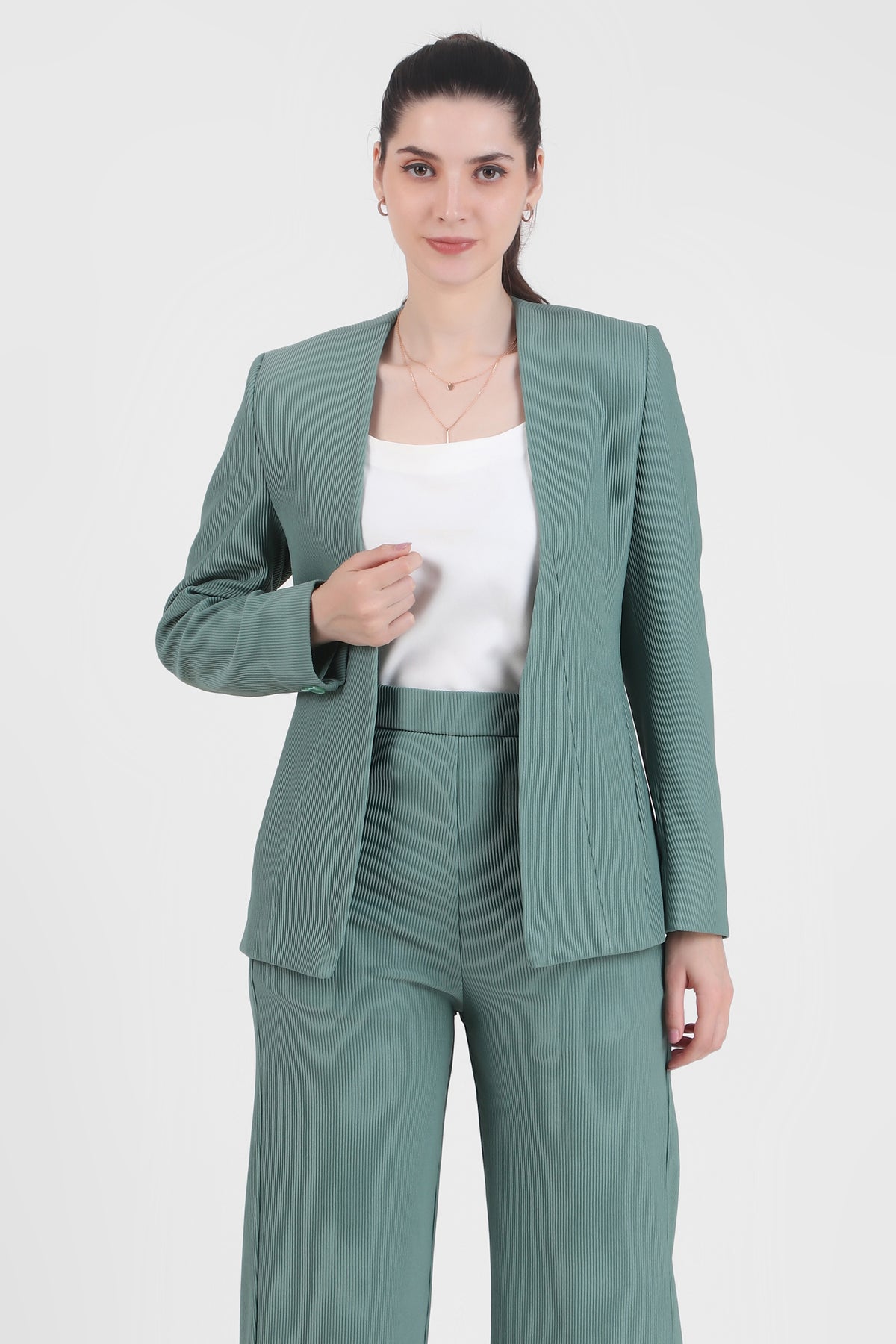 Front Open Style Blazer with Flowing Trousers, Sea Green