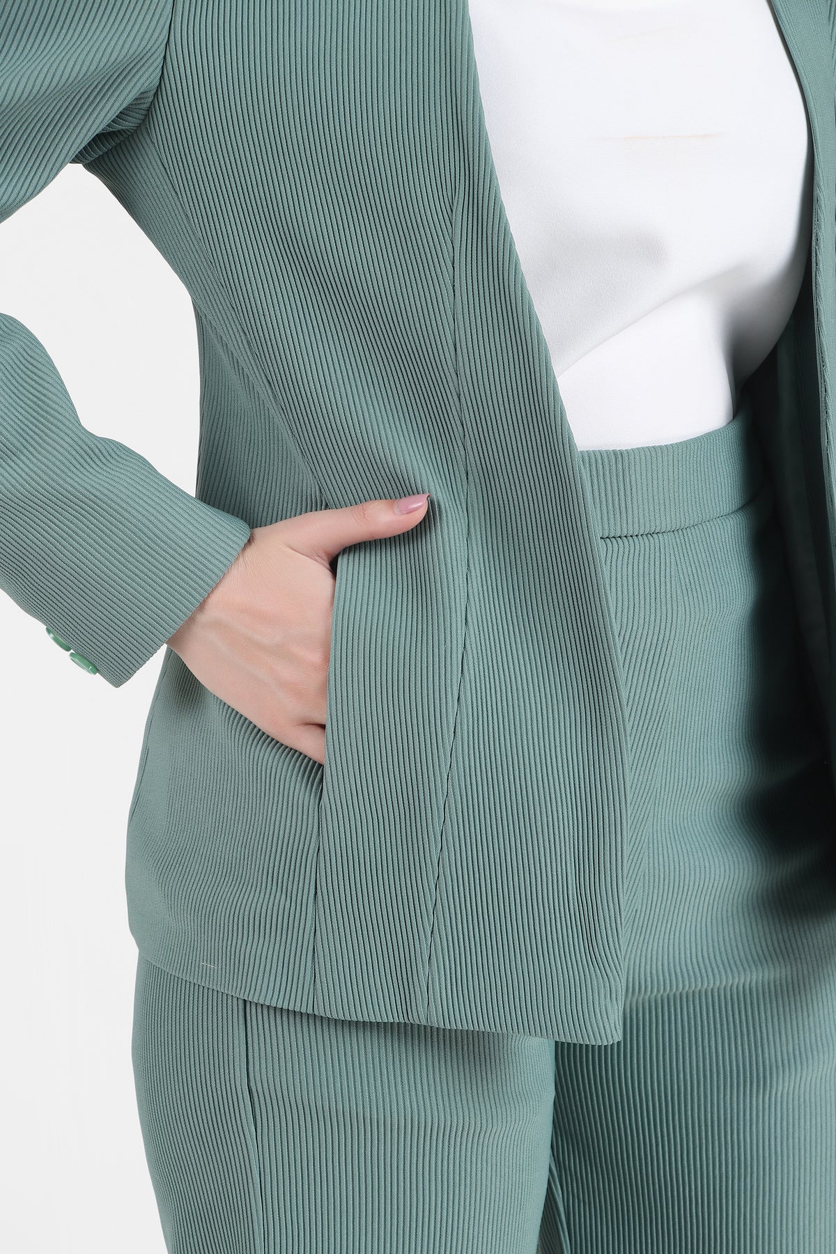 Front Open Style Blazer with Flowing Trousers, Sea Green