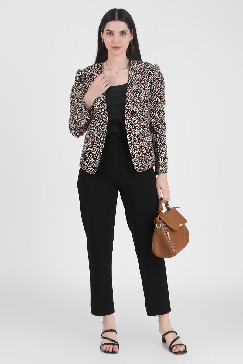 Leopard Puff Sleeves Front Open Style Blazer