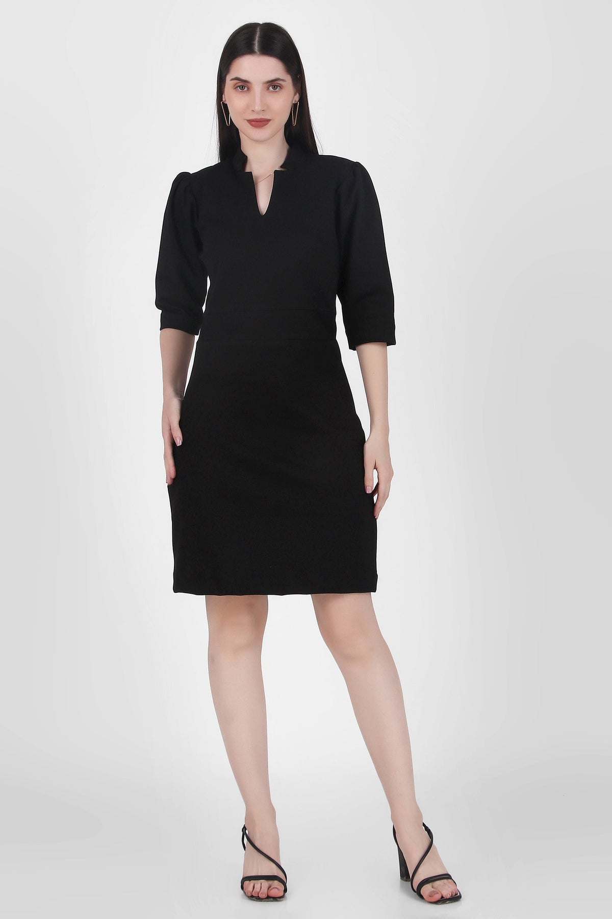Puff Sleeves Stretch Sheath Dress, Black