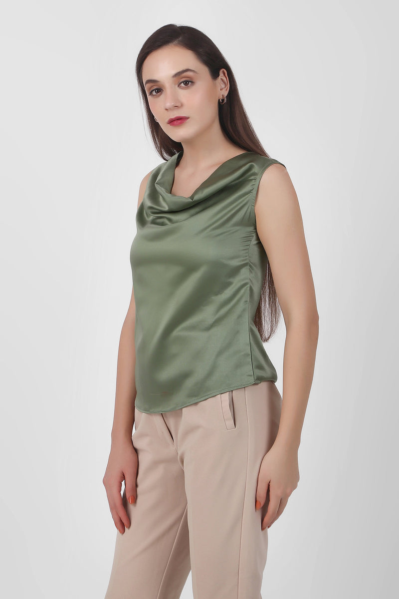 Drapey Cowl Neck Sleevless Top, Sage Green