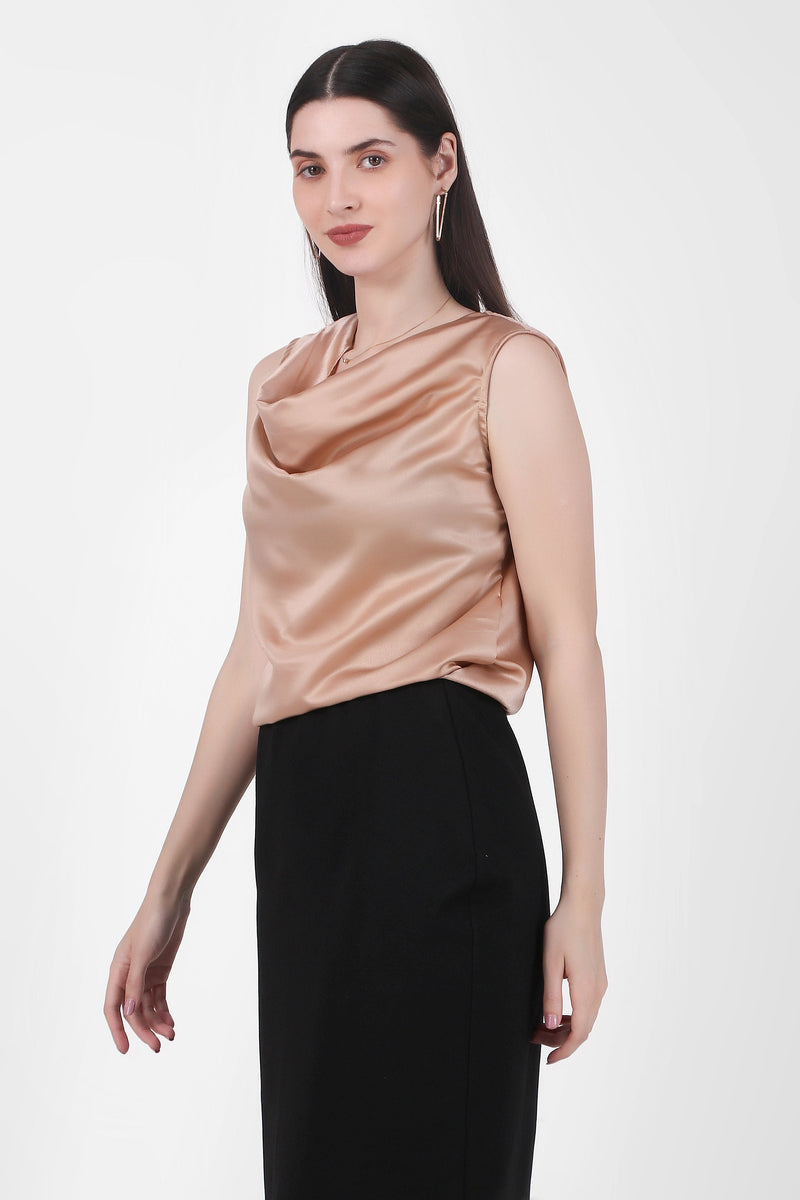 Drapey Cowl Neck Sleevless Top, Hazelnut
