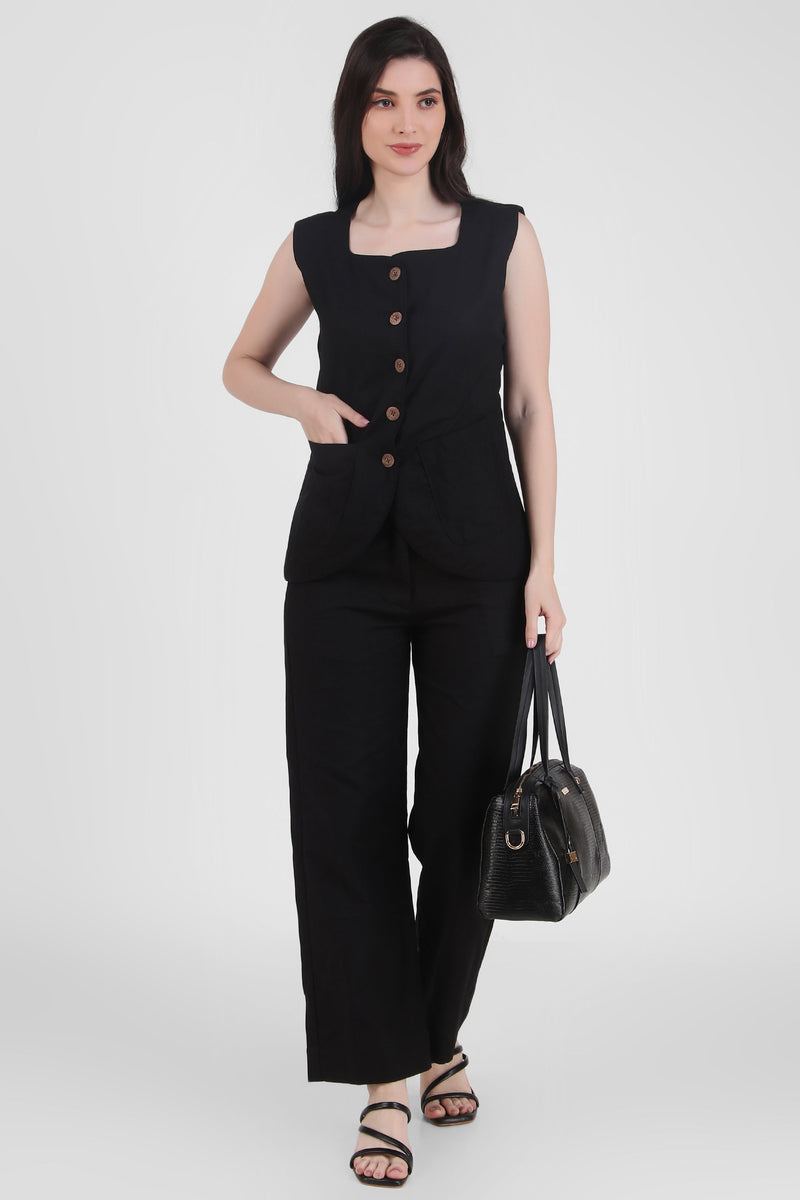 Breathable Linen Blend Vest Button-Up Top, Black