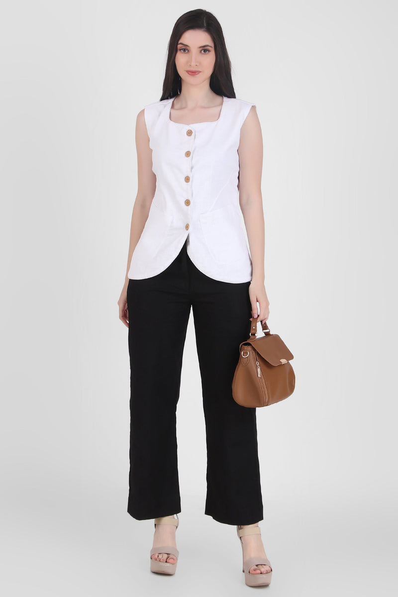 Breathable Linen Blend Vest Button-Up Top, White